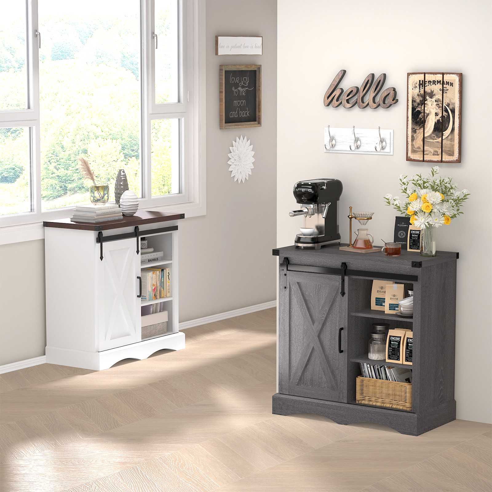 ChVans 32" Farmhouse Coffee Bar Cabinet with Storage, Aquarium Stand Fish Tank Table, Grey Accent Cabinets for Living Room, Entryway, White