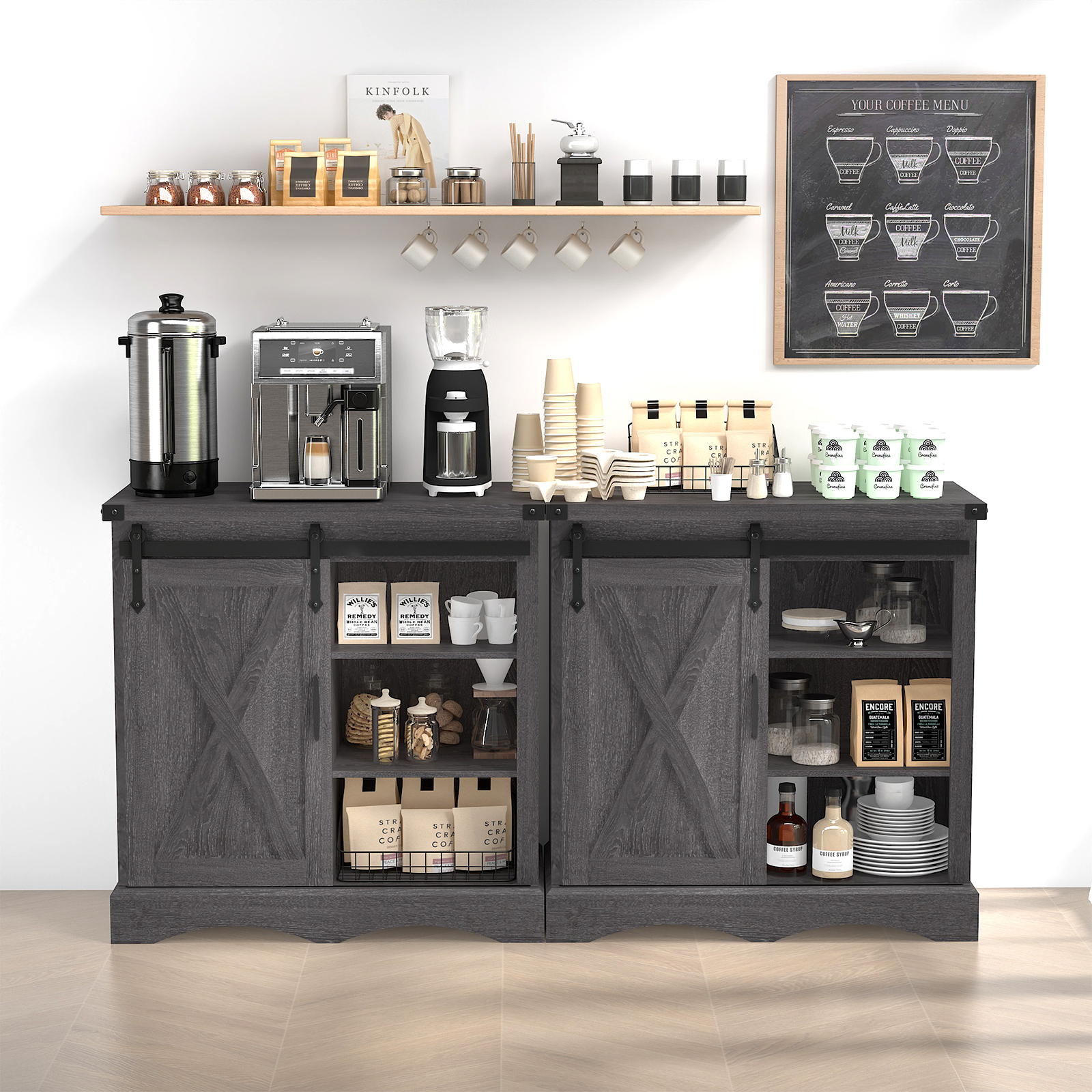 ChVans 32" Farmhouse Coffee Bar Cabinet with Storage, Aquarium Stand Fish Tank Table, Grey Accent Cabinets for Living Room, Entryway, White