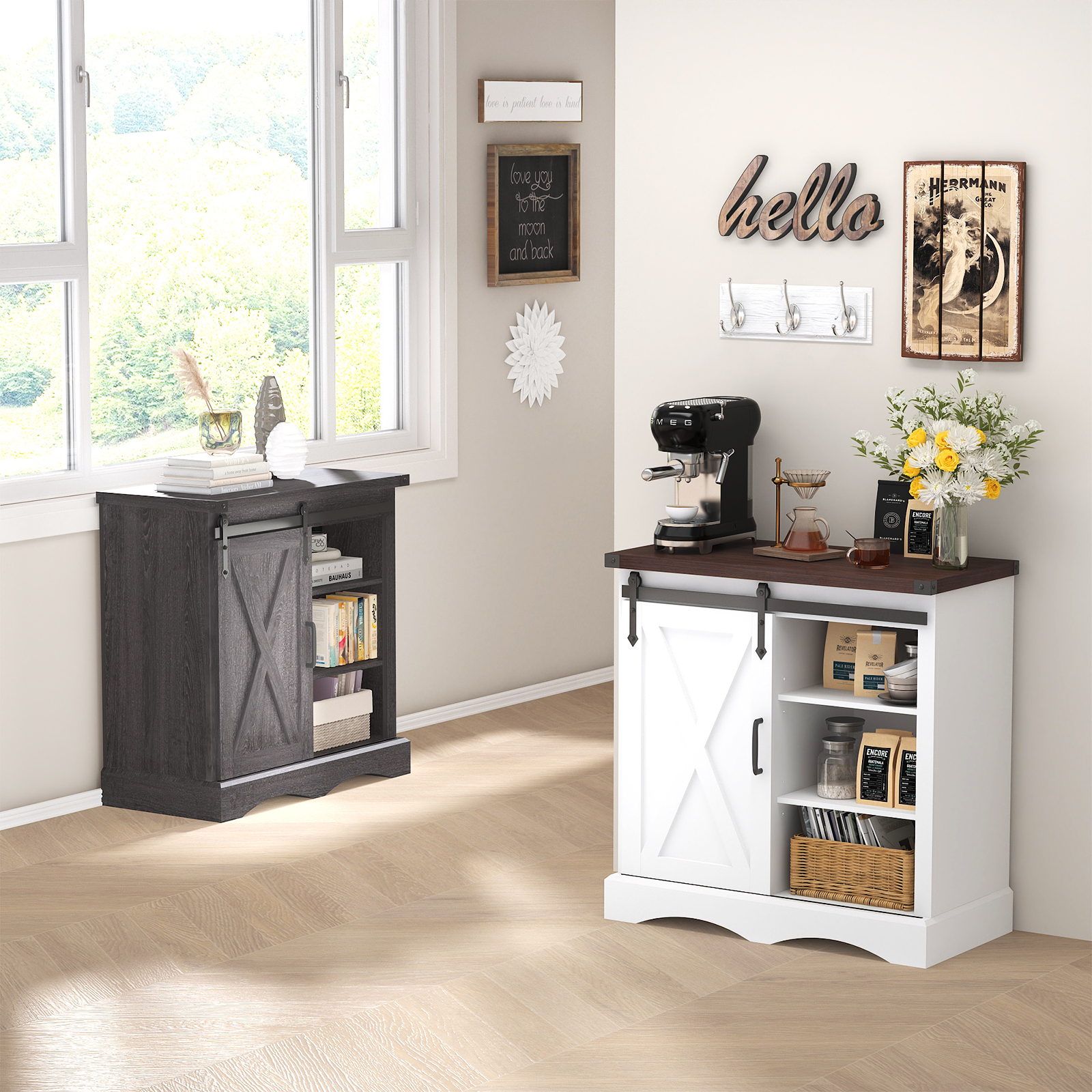 ChVans 32" Farmhouse Coffee Bar Cabinet with Storage, Aquarium Stand Fish Tank Table, Grey Accent Cabinets for Living Room, Entryway, White