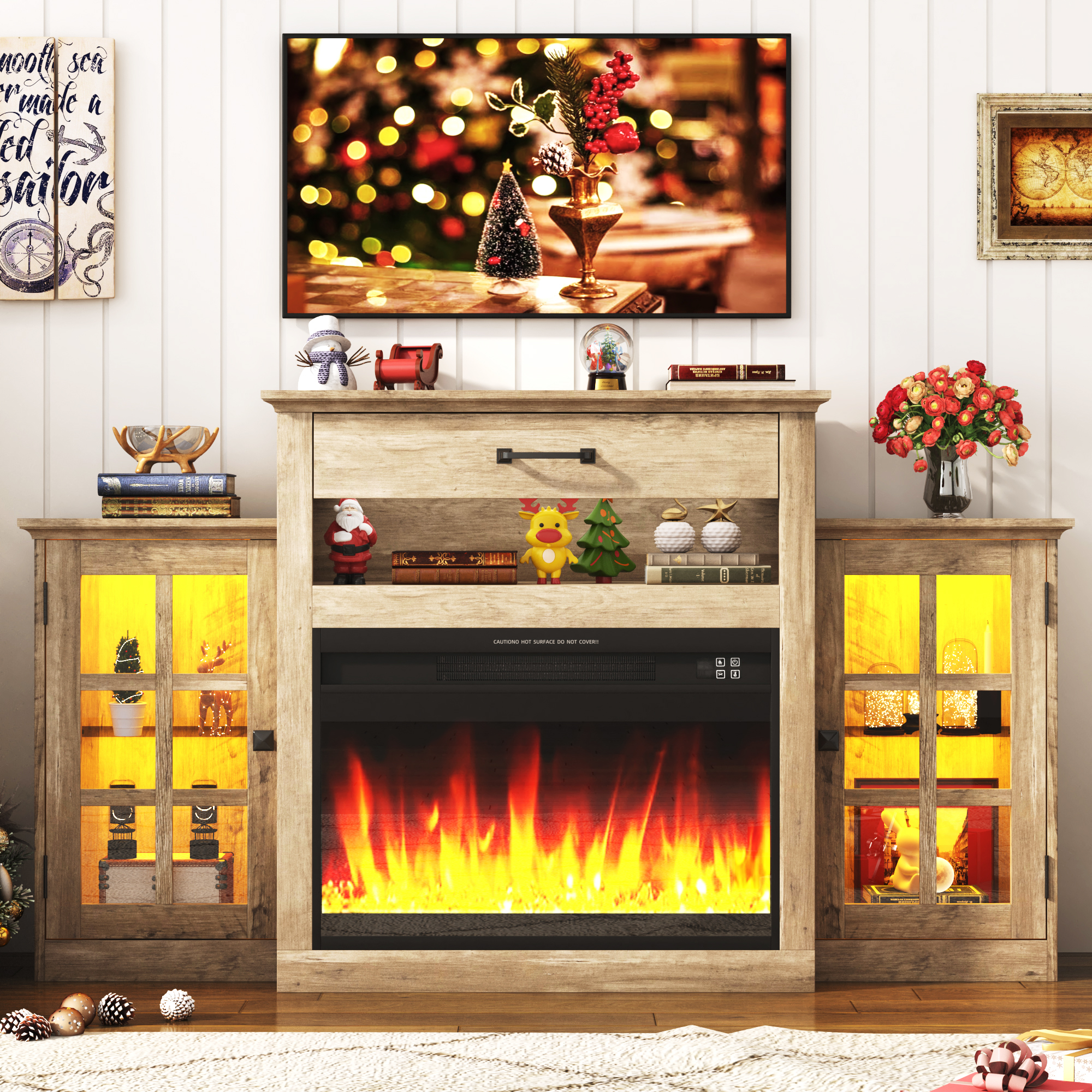 ChVans Fireplace TV Stand for TVs up to 65" with 26" Electric Fireplace, Tall Entertainment Center with LED, Wooden Media Console for Living Room, Bedroom