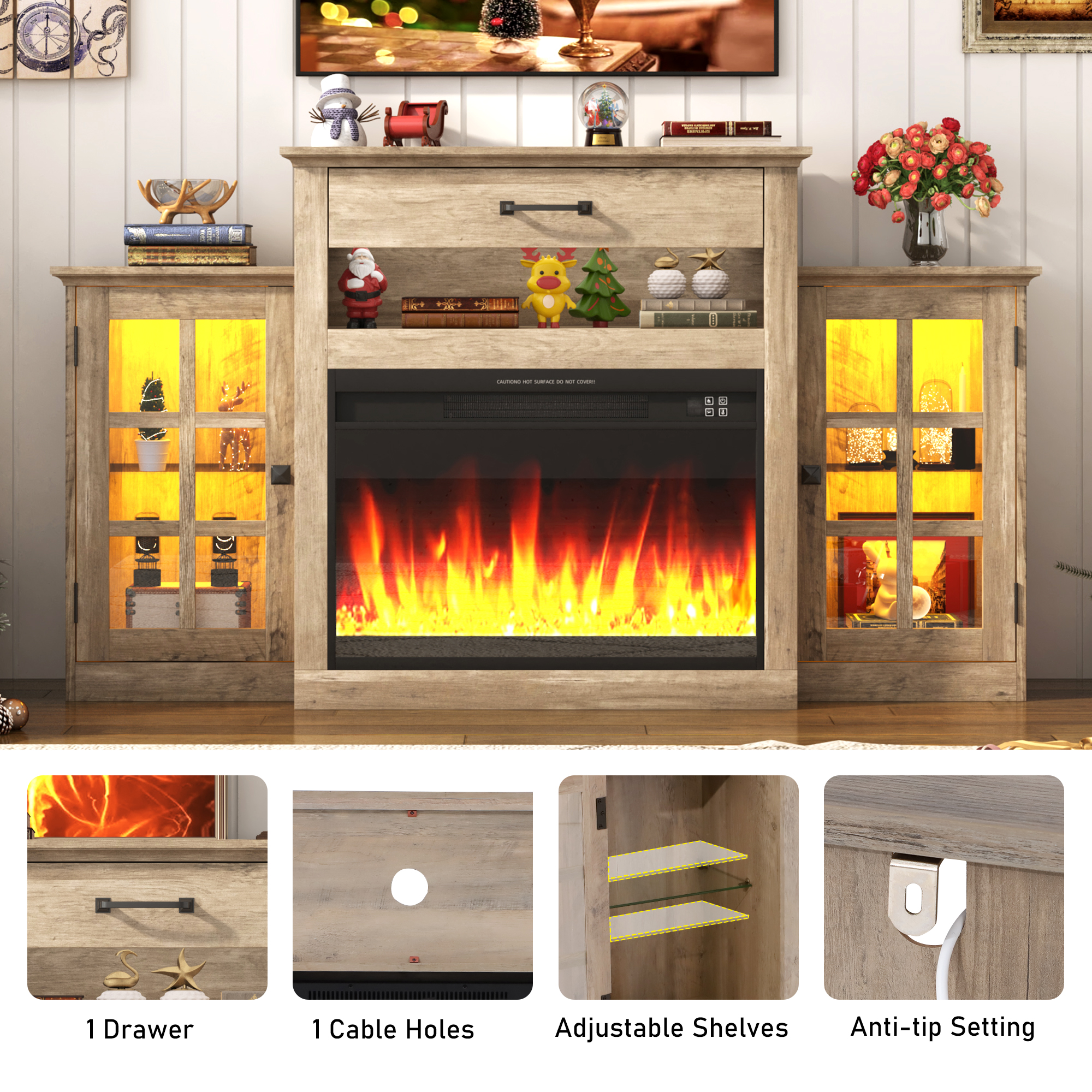 ChVans Fireplace TV Stand for TVs up to 65" with 26" Electric Fireplace, Tall Entertainment Center with LED, Wooden Media Console for Living Room, Bedroom