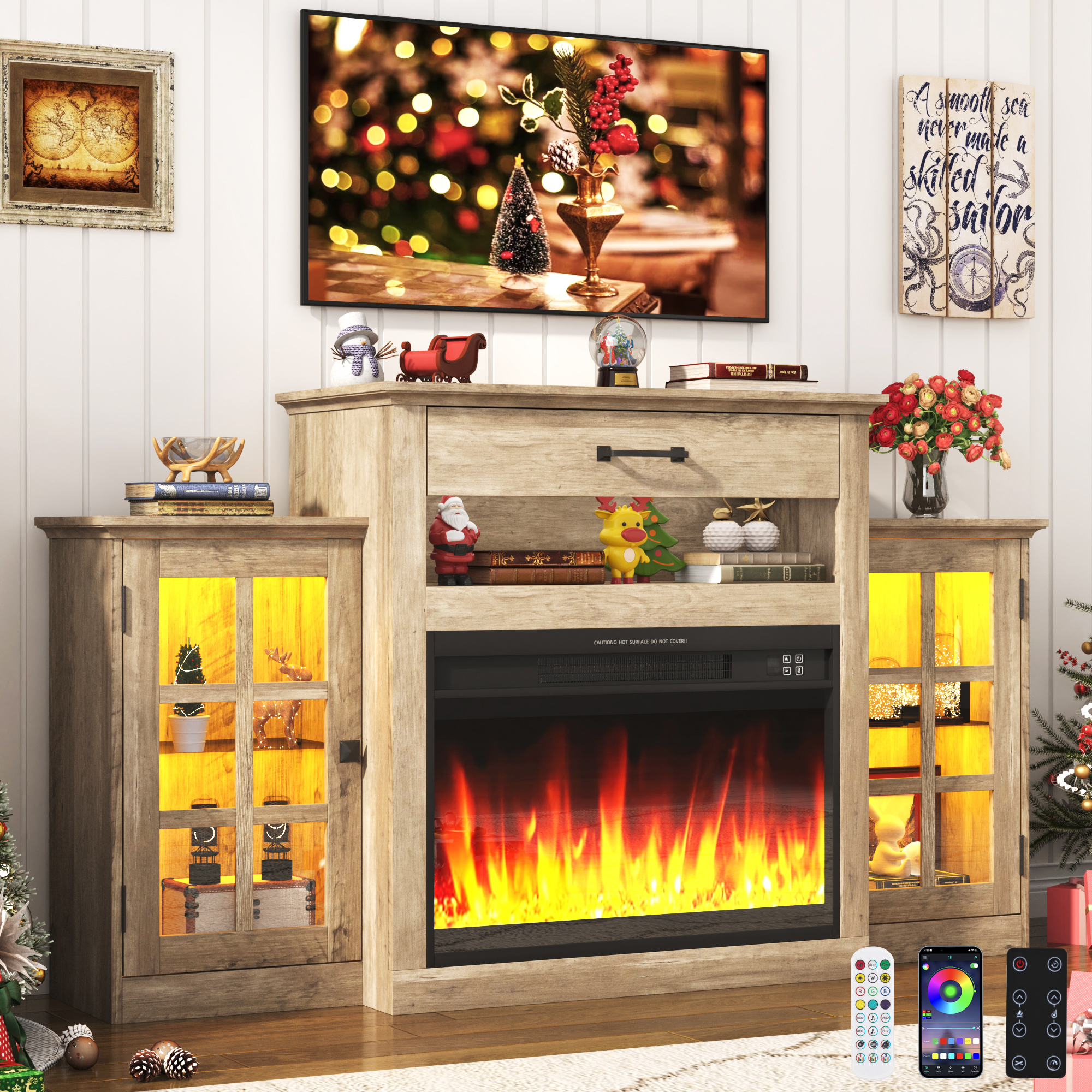 ChVans Fireplace TV Stand for TVs up to 65" with 26" Electric Fireplace, Tall Entertainment Center with LED, Wooden Media Console for Living Room, Bedroom