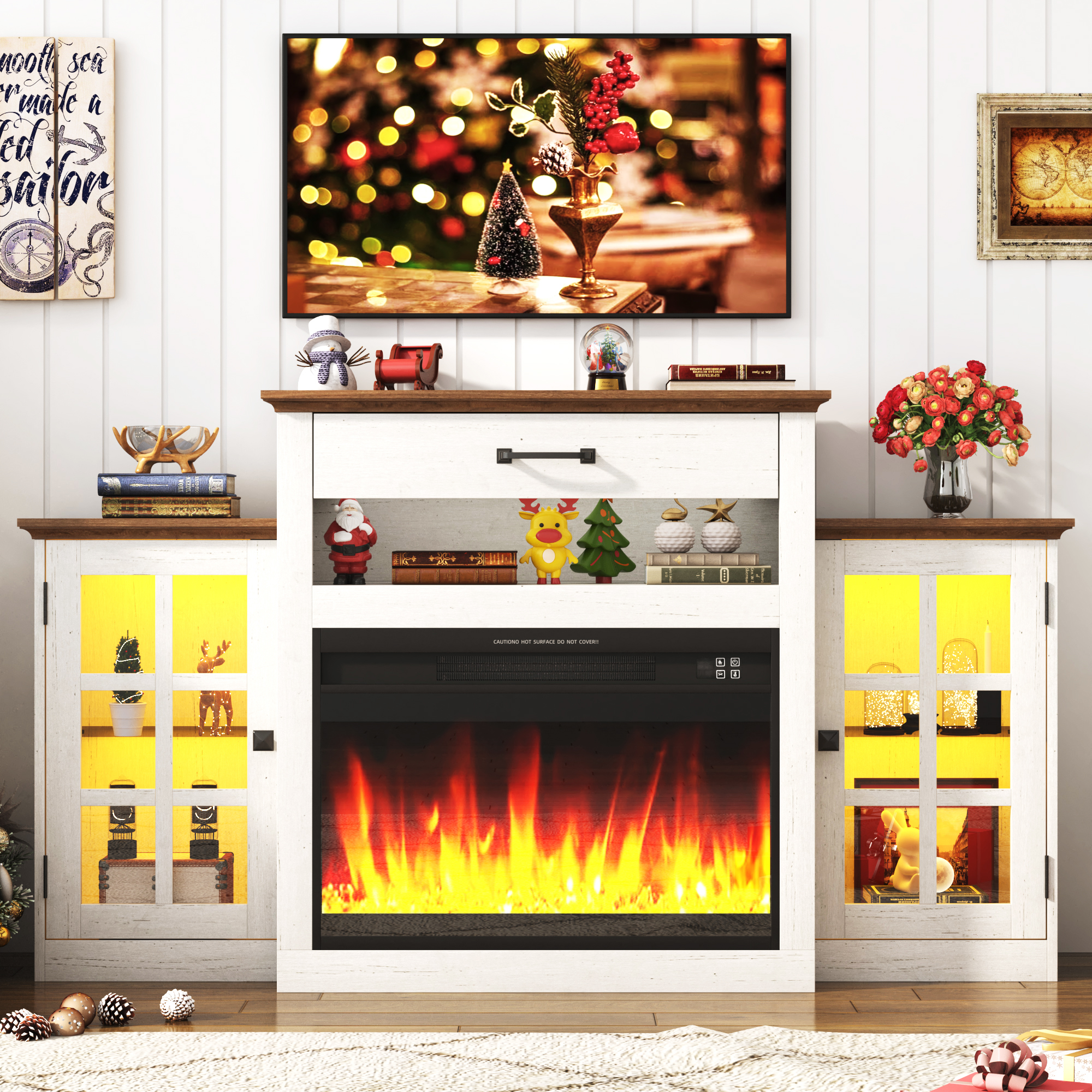 ChVans Fireplace TV Stand for TVs up to 65" with 26" Electric Fireplace, Tall Entertainment Center with LED, Wooden Media Console for Living Room, Bedroom