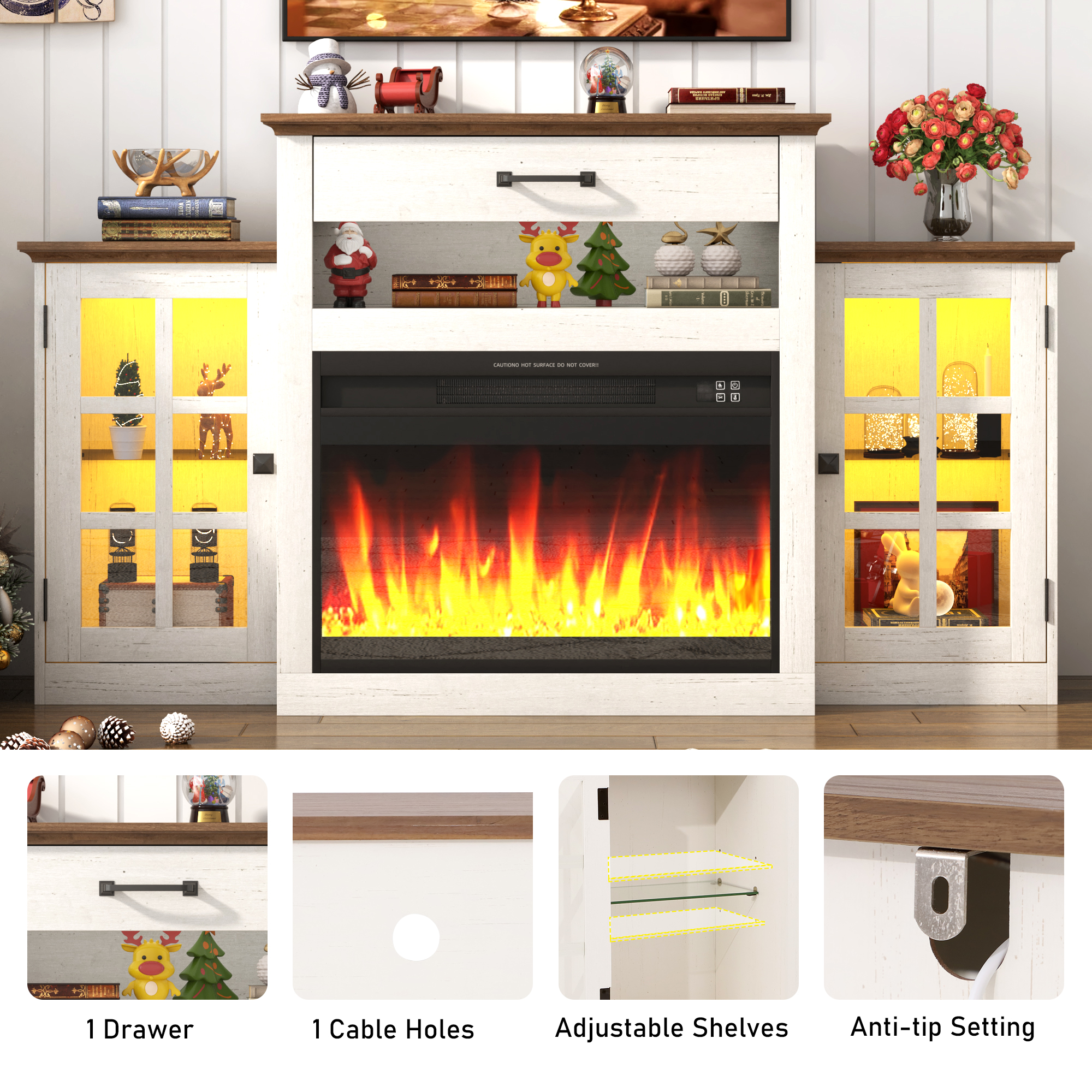 ChVans Fireplace TV Stand for TVs up to 65" with 26" Electric Fireplace, Tall Entertainment Center with LED, Wooden Media Console for Living Room, Bedroom