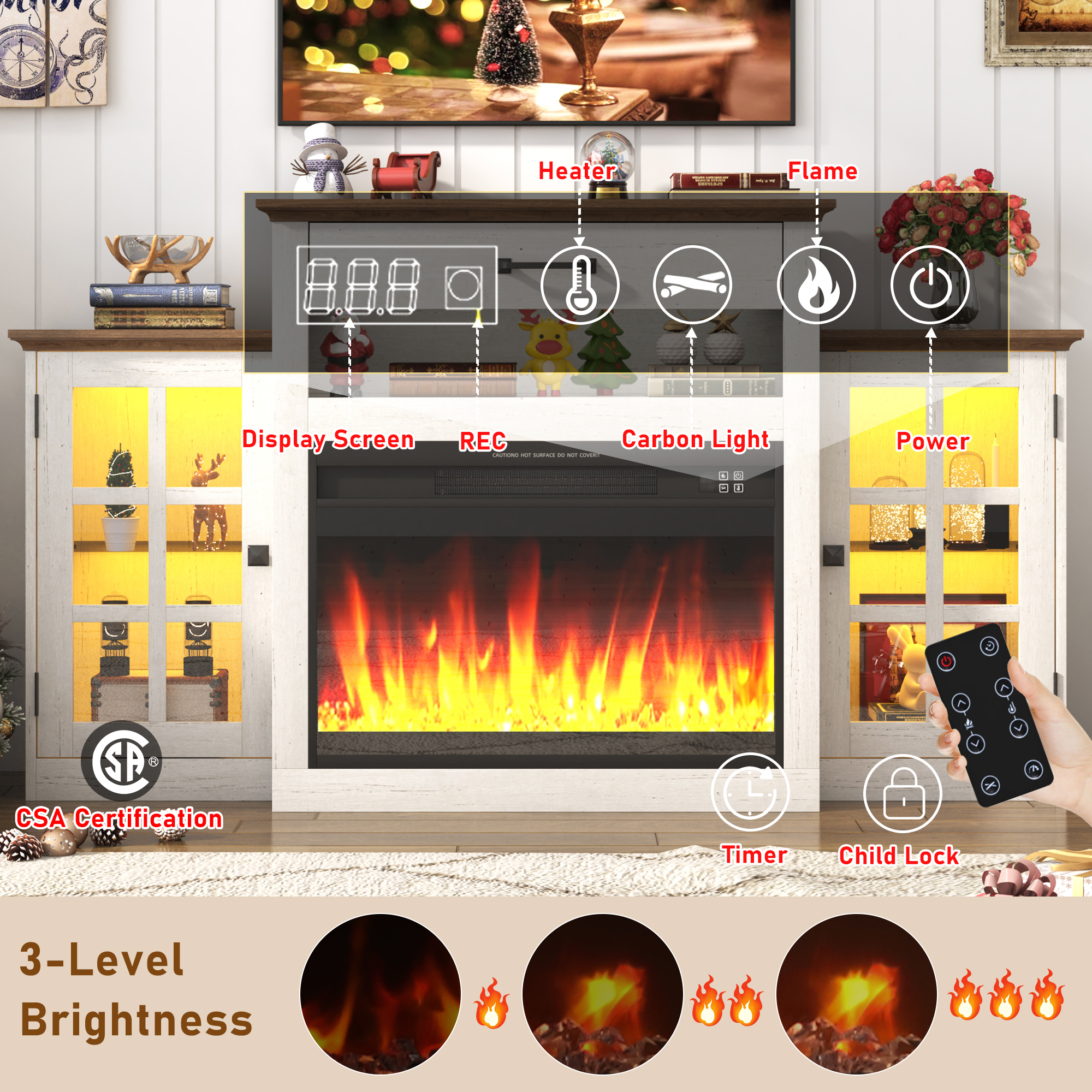 ChVans Fireplace TV Stand for TVs up to 65" with 26" Electric Fireplace, Tall Entertainment Center with LED, Wooden Media Console for Living Room, Bedroom