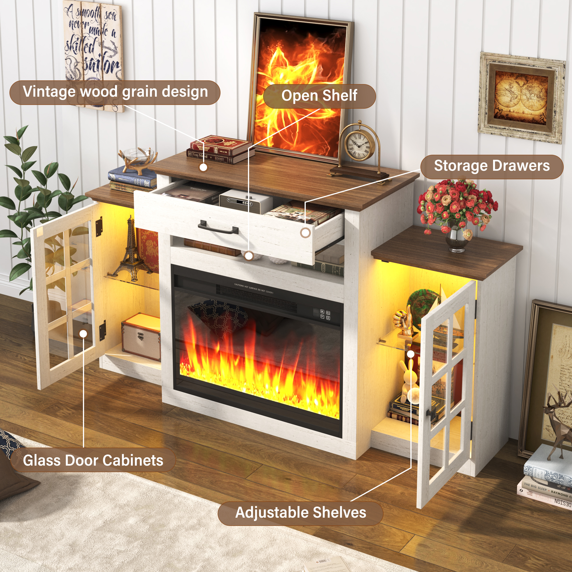 ChVans Fireplace TV Stand for TVs up to 65" with 26" Electric Fireplace, Tall Entertainment Center with LED, Wooden Media Console for Living Room, Bedroom