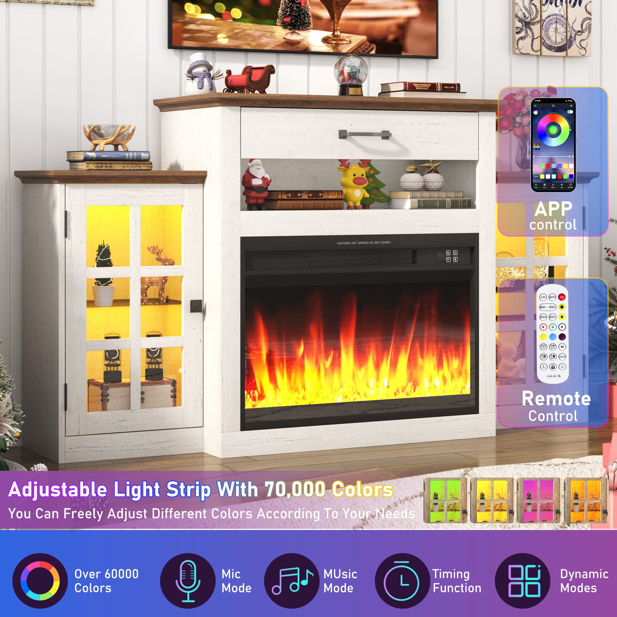 ChVans Fireplace TV Stand for TVs up to 65" with 26" Electric Fireplace, Tall Entertainment Center with LED, Wooden Media Console for Living Room, Bedroom