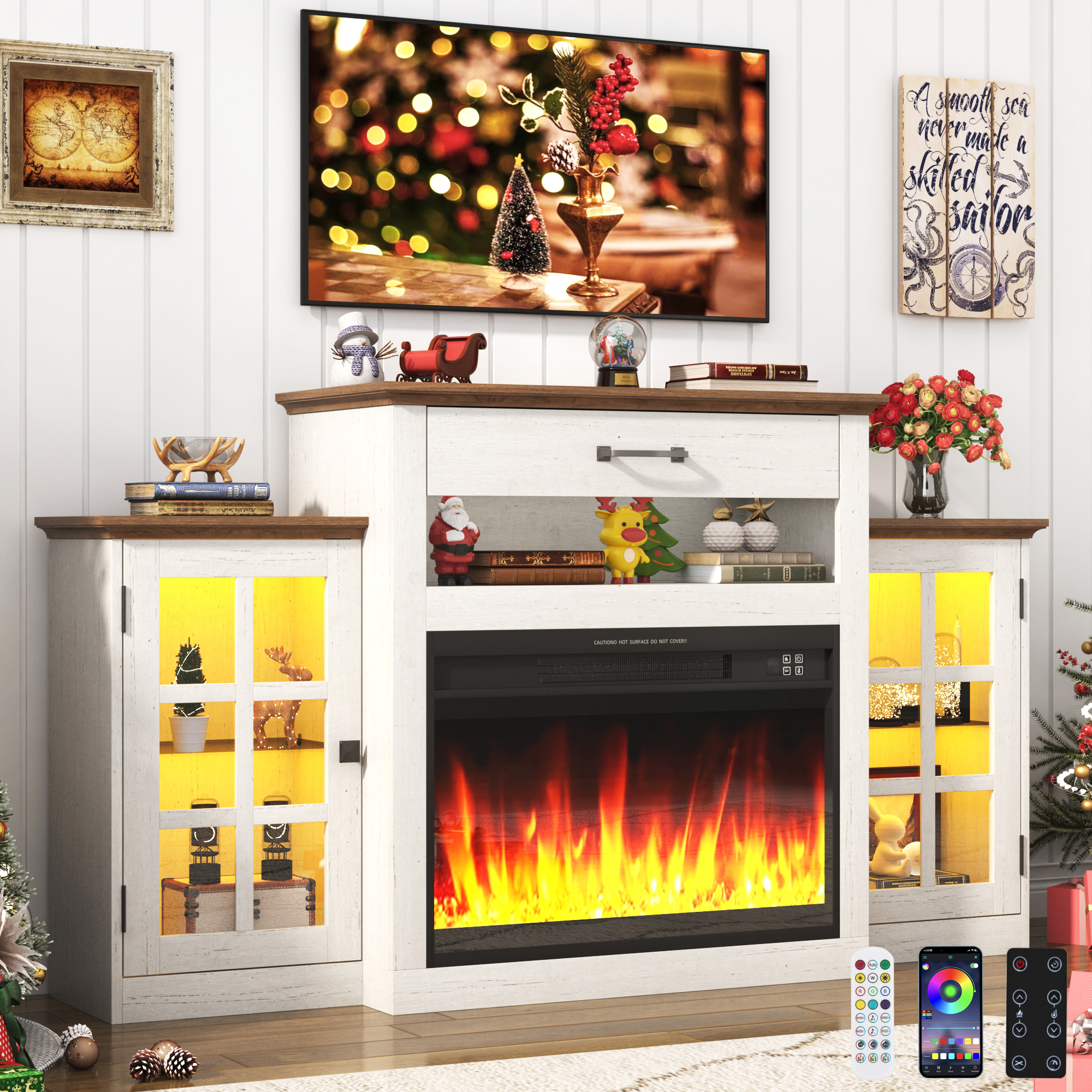 ChVans Fireplace TV Stand for TVs up to 65" with 26" Electric Fireplace, Tall Entertainment Center with LED, Wooden Media Console for Living Room, Bedroom