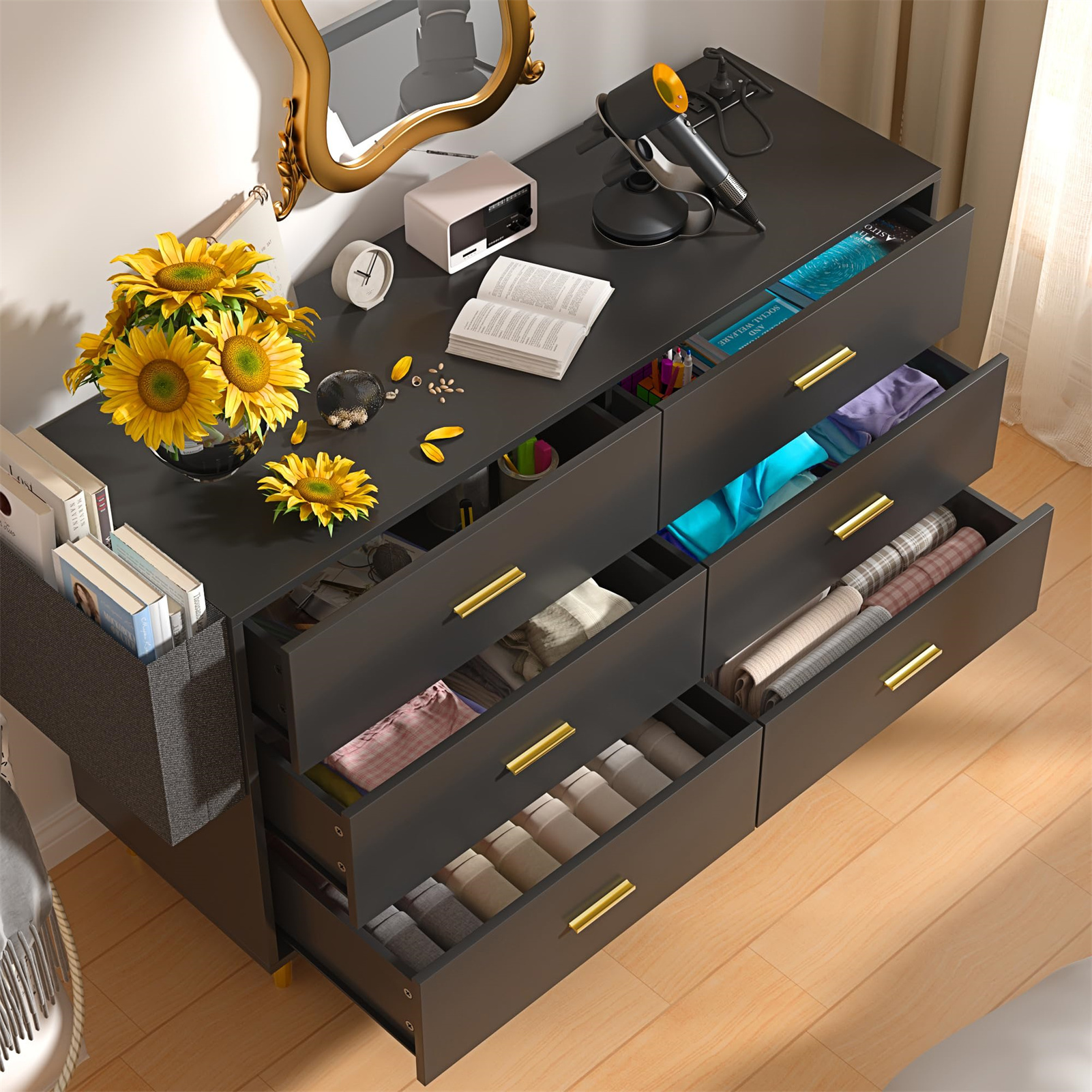 6/7 Drawers Dresser with Power Outlets, Wooden Dresser for Bedroom, Mid-Century Modern Closet Dresser for Living Room Hallway Entryway