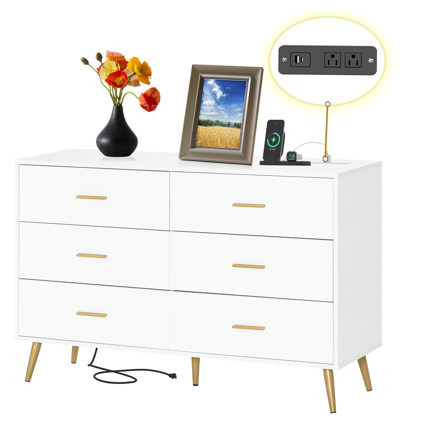 6/7 Drawers Dresser with Power Outlets, Wooden Dresser for Bedroom, Mid-Century Modern Closet Dresser for Living Room Hallway Entryway