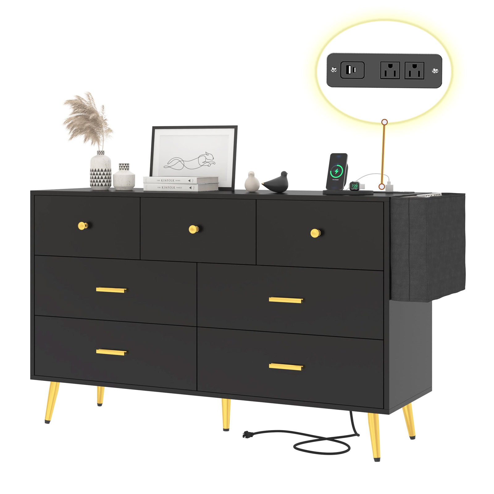 6/7 Drawers Dresser with Power Outlets, Wooden Dresser for Bedroom, Mid-Century Modern Closet Dresser for Living Room Hallway Entryway