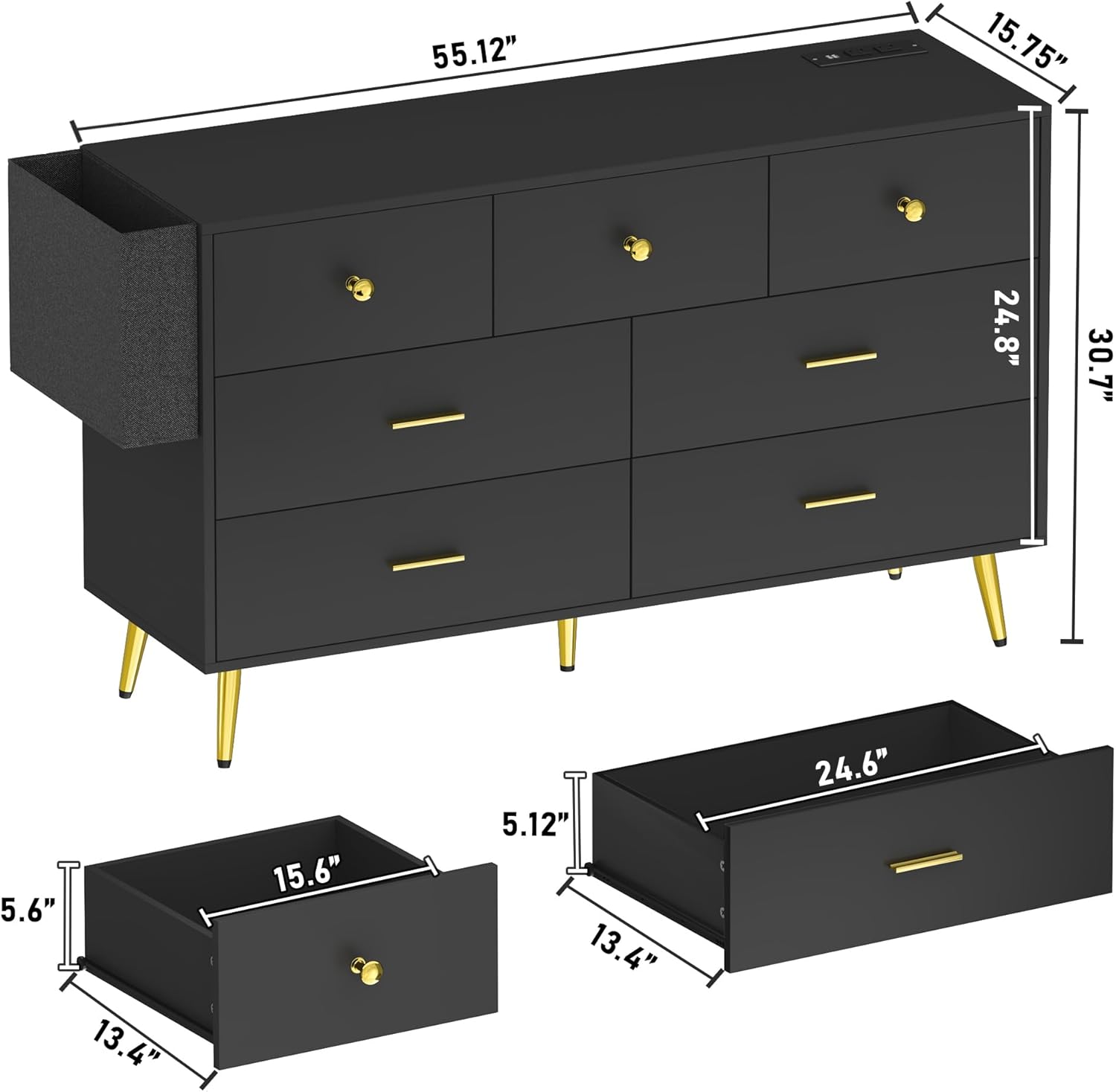 6/7 Drawers Dresser with Power Outlets, Wooden Dresser for Bedroom, Mid-Century Modern Closet Dresser for Living Room Hallway Entryway