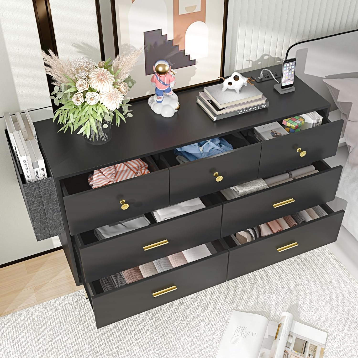 6/7 Drawers Dresser with Power Outlets, Wooden Dresser for Bedroom, Mid-Century Modern Closet Dresser for Living Room Hallway Entryway