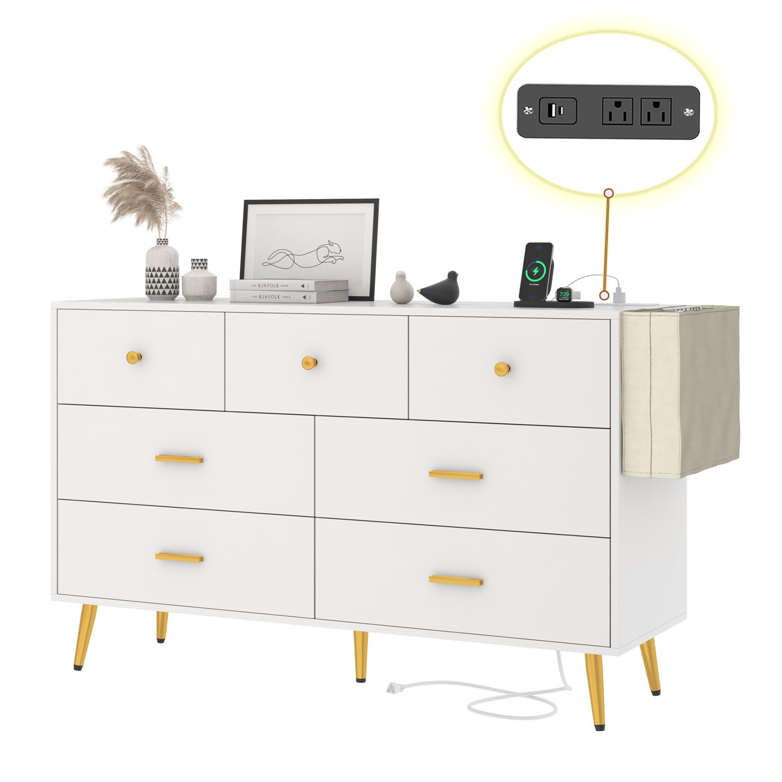 6/7 Drawers Dresser with Power Outlets, Wooden Dresser for Bedroom, Mid-Century Modern Closet Dresser for Living Room Hallway Entryway