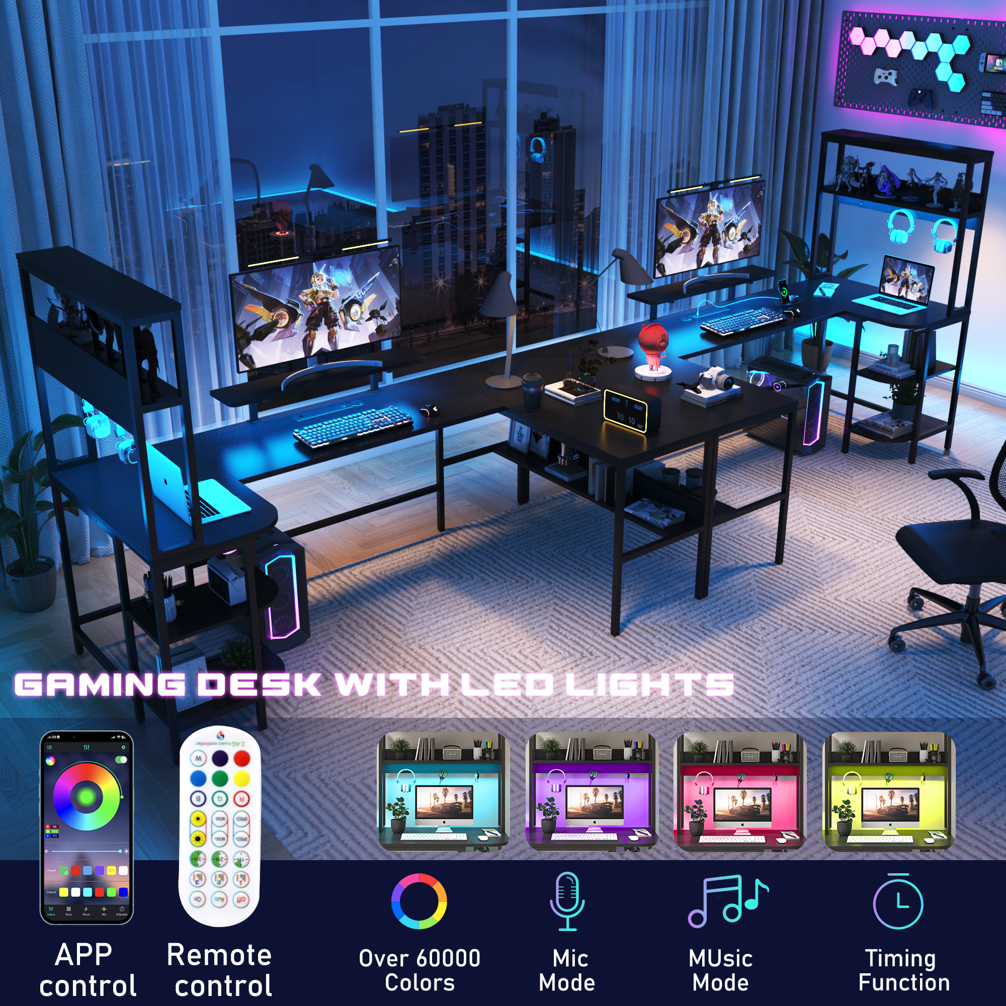 ChVans 87'' U Shaped Desk,Reversible U Shaped Computer Desk with Power Outlets and LED Strip,L Shaped Large Office Table with Monitor Stand and Storage Shelves,Gaming Desk(Black-87in)