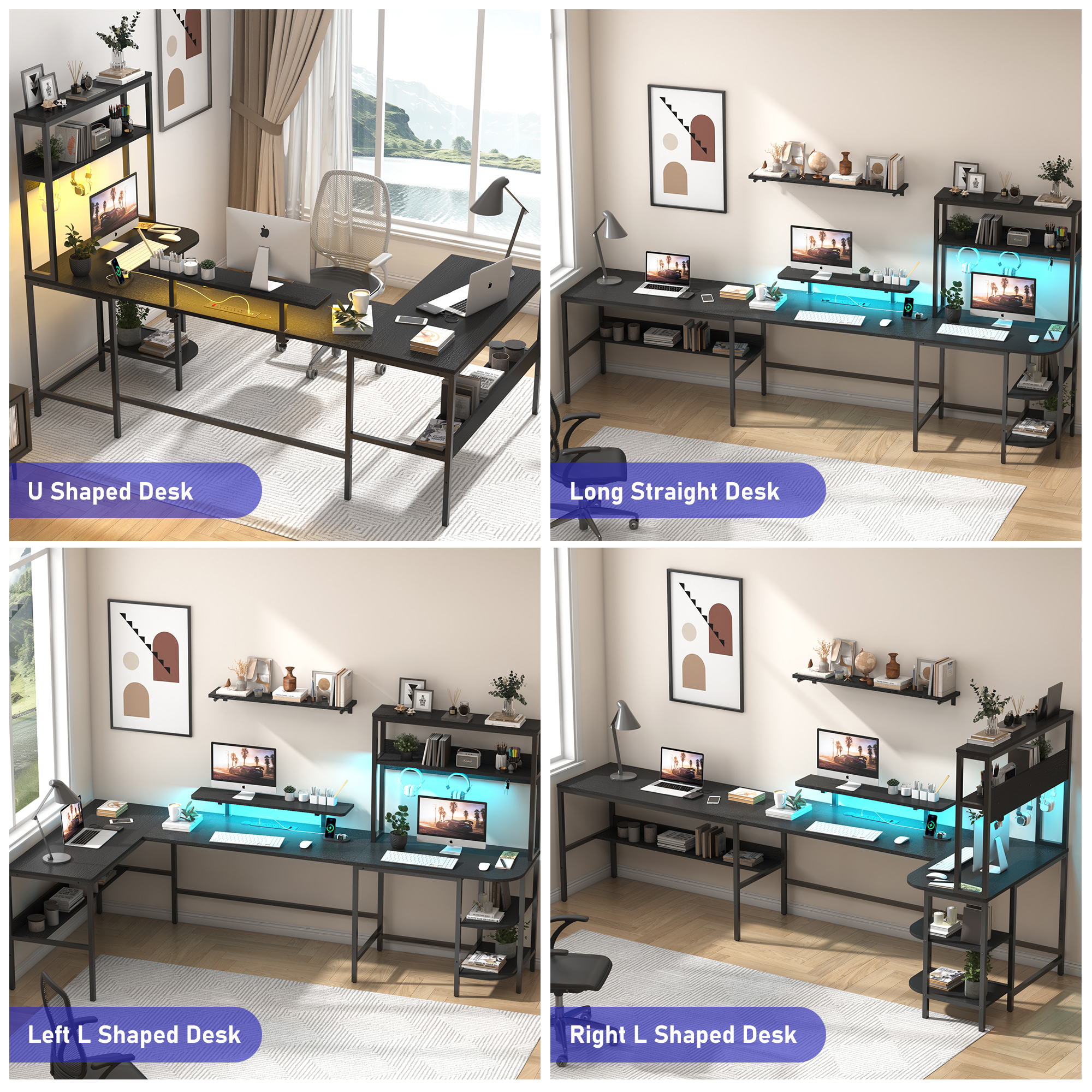 ChVans 87'' U Shaped Desk,Reversible U Shaped Computer Desk with Power Outlets and LED Strip,L Shaped Large Office Table with Monitor Stand and Storage Shelves,Gaming Desk(Black-87in)