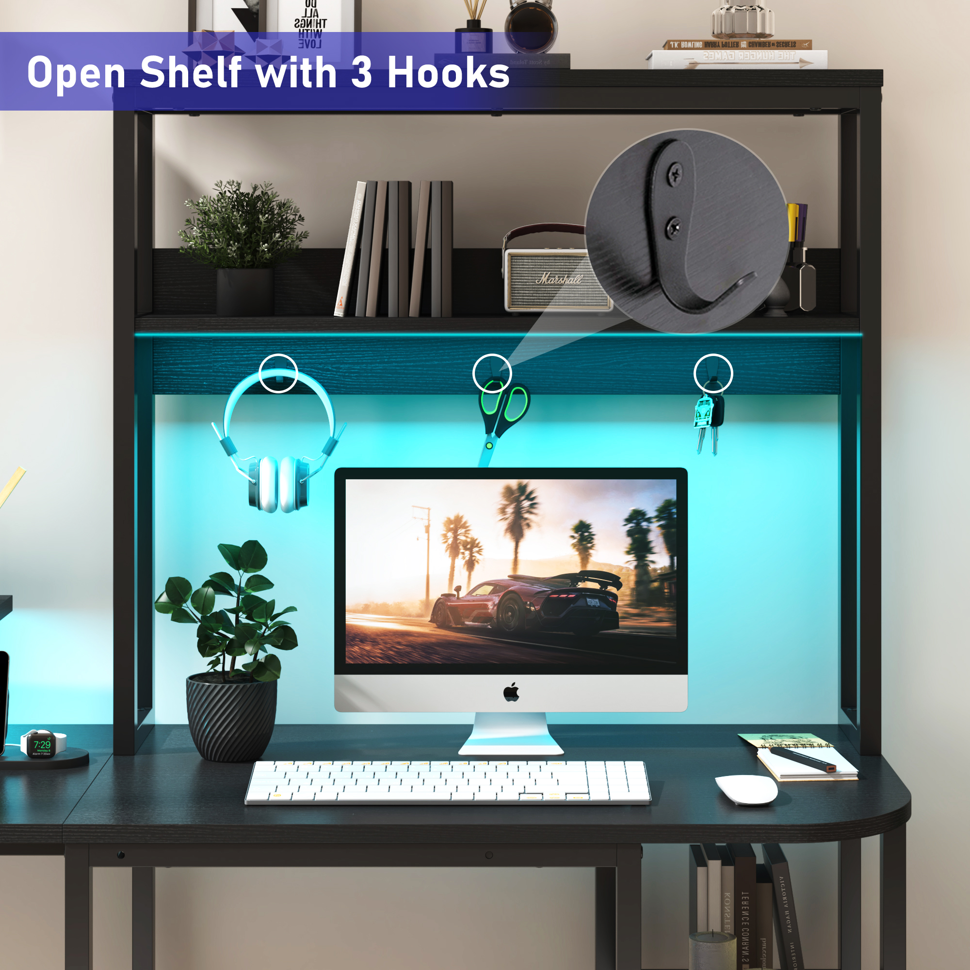 ChVans 87'' U Shaped Desk,Reversible U Shaped Computer Desk with Power Outlets and LED Strip,L Shaped Large Office Table with Monitor Stand and Storage Shelves,Gaming Desk(Black-87in)