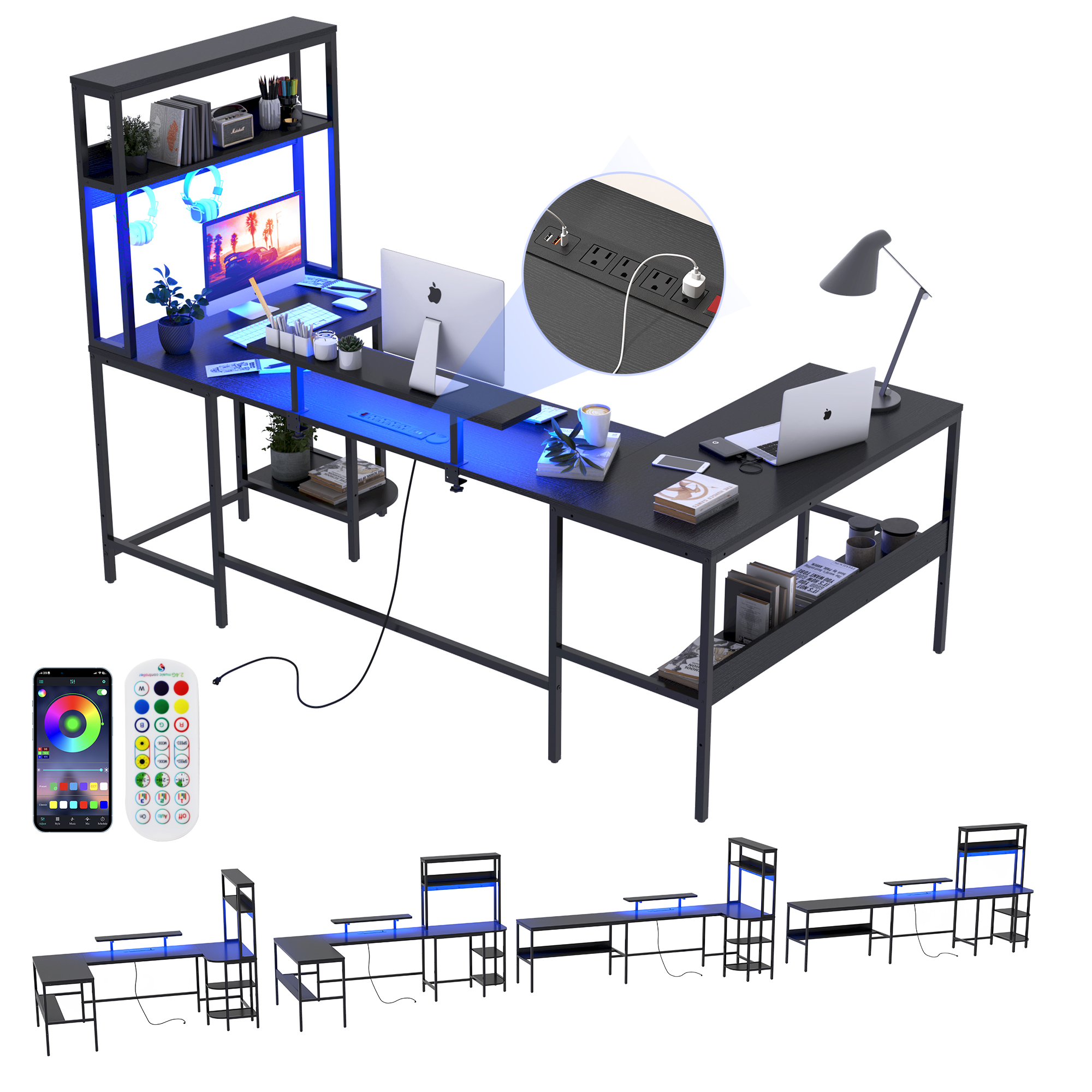 ChVans 87'' U Shaped Desk,Reversible U Shaped Computer Desk with Power Outlets and LED Strip,L Shaped Large Office Table with Monitor Stand and Storage Shelves,Gaming Desk(Black-87in)