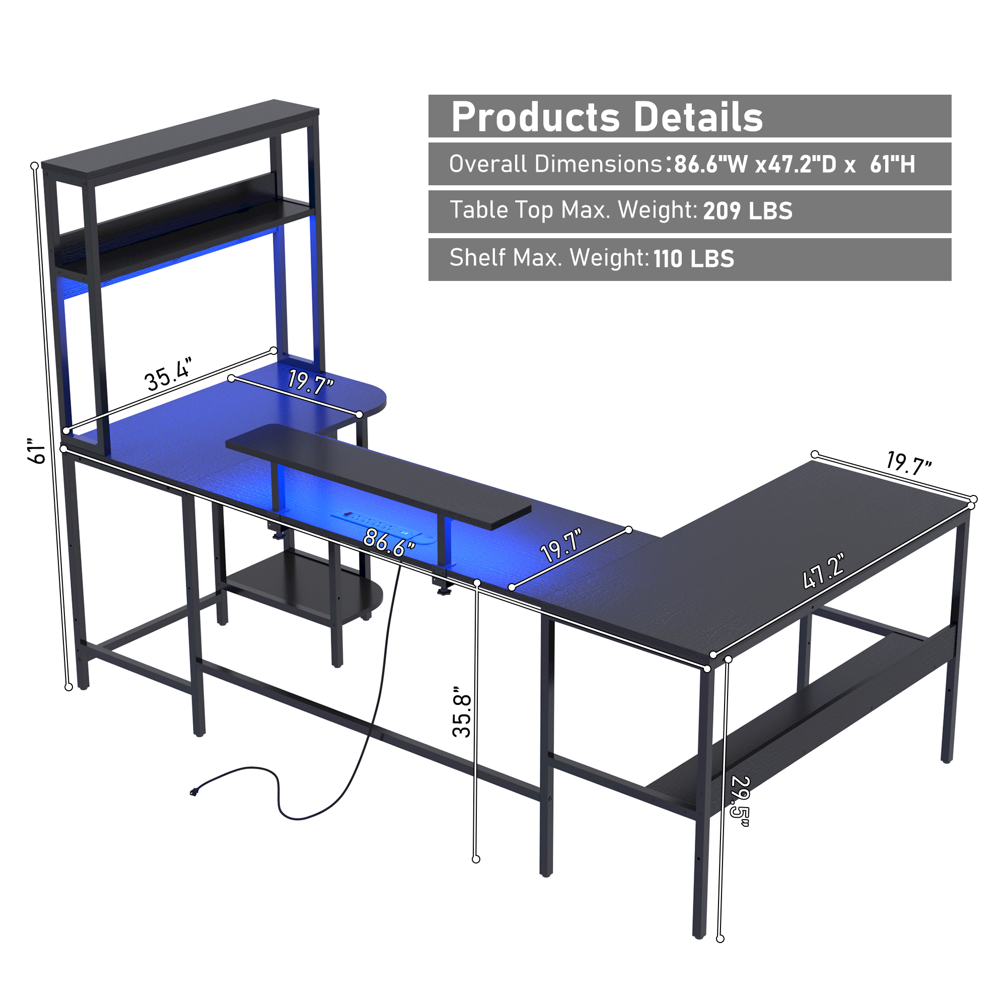 ChVans 87'' U Shaped Desk,Reversible U Shaped Computer Desk with Power Outlets and LED Strip,L Shaped Large Office Table with Monitor Stand and Storage Shelves,Gaming Desk(Black-87in)