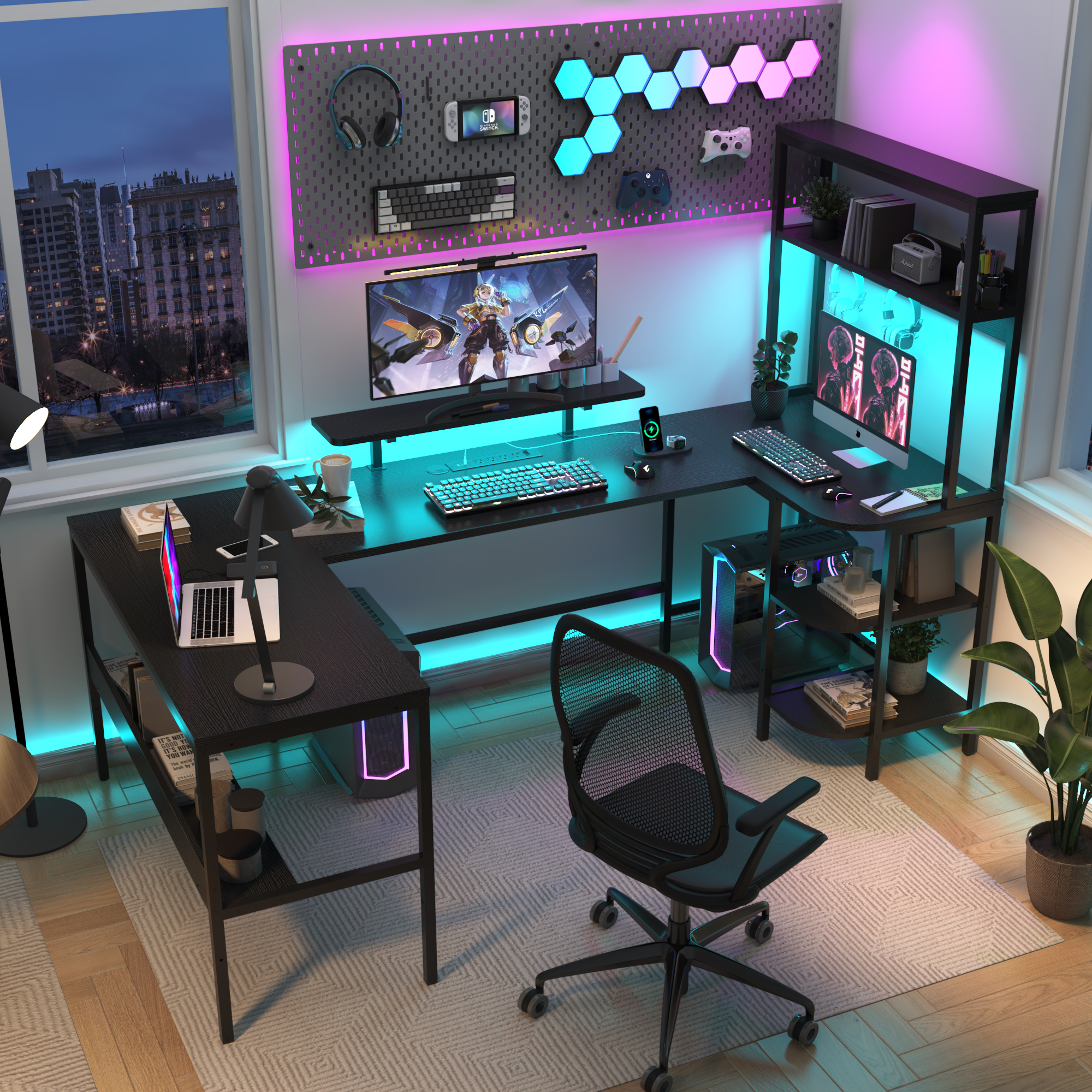 ChVans 87'' U Shaped Desk,Reversible U Shaped Computer Desk with Power Outlets and LED Strip,L Shaped Large Office Table with Monitor Stand and Storage Shelves,Gaming Desk(Black-87in)