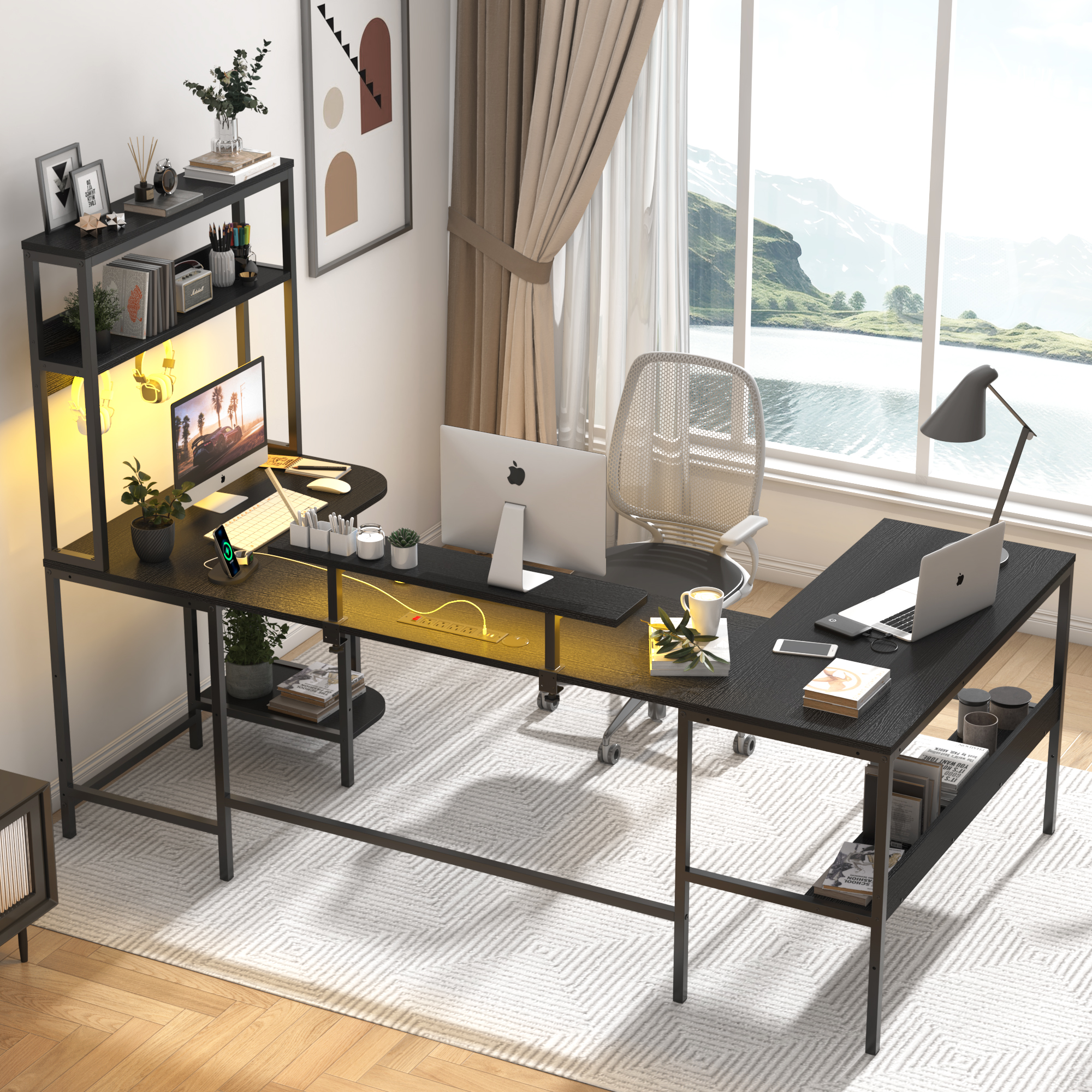 ChVans 87'' U Shaped Desk,Reversible U Shaped Computer Desk with Power Outlets and LED Strip,L Shaped Large Office Table with Monitor Stand and Storage Shelves,Gaming Desk(Black-87in)