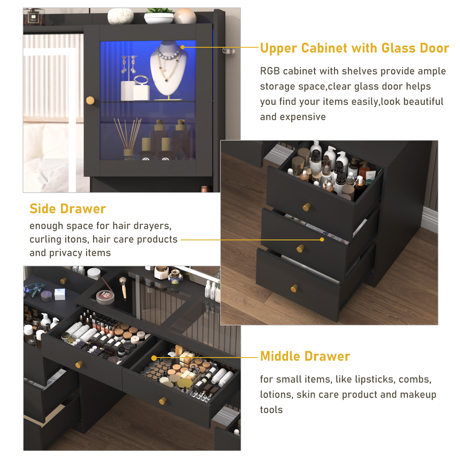 ChVans Large Vanity Desk with Mirror, LED Light and Charging Station, 62" White Makeup Vanity with 9 Drawers & 2 RGB cabinets & Glass Top for Women, Girls Gift