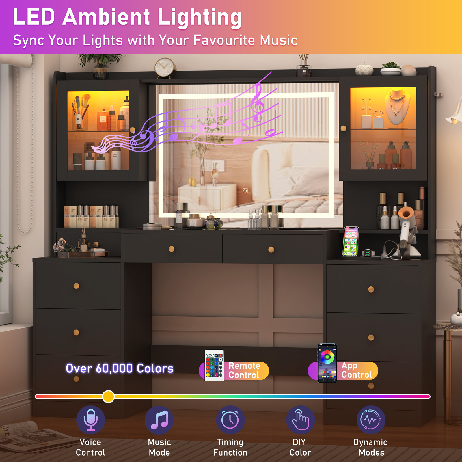 ChVans Large Vanity Desk with Mirror, LED Light and Charging Station, 62" White Makeup Vanity with 9 Drawers & 2 RGB cabinets & Glass Top for Women, Girls Gift