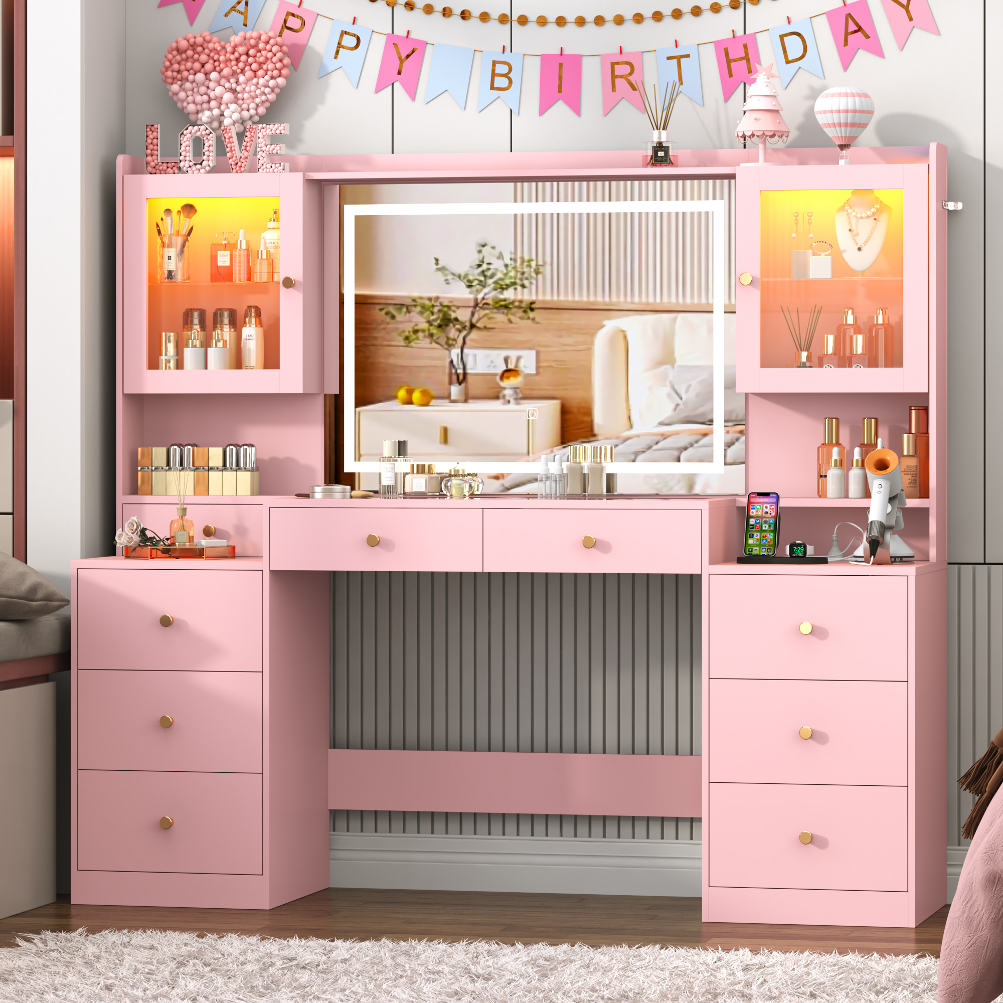 ChVans Large Vanity Desk with Mirror, LED Light and Charging Station, 62" White Makeup Vanity with 9 Drawers & 2 RGB cabinets & Glass Top for Women, Girls Gift