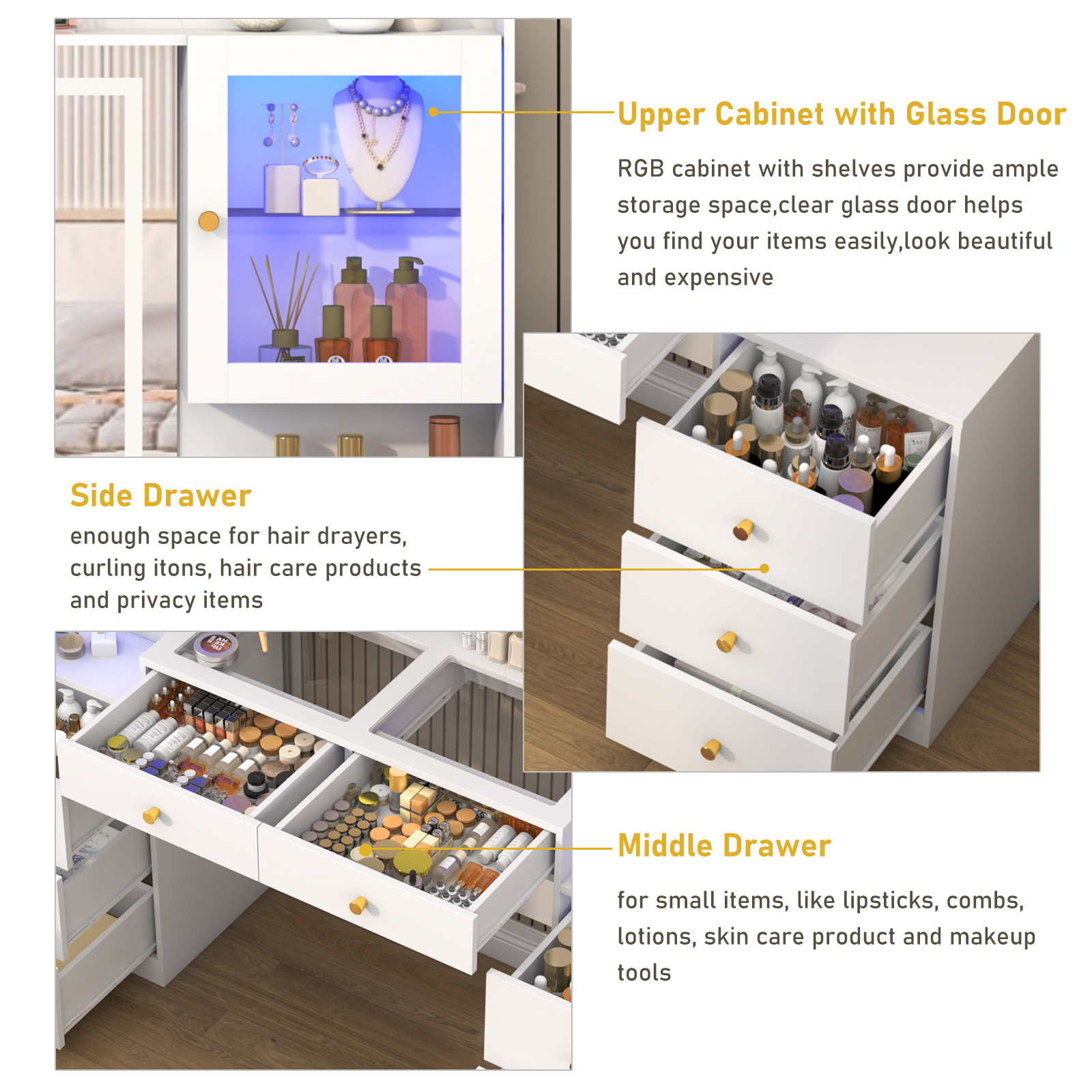 ChVans Large Vanity Desk with Mirror, LED Light and Charging Station, 62" White Makeup Vanity with 9 Drawers & 2 RGB cabinets & Glass Top for Women, Girls Gift