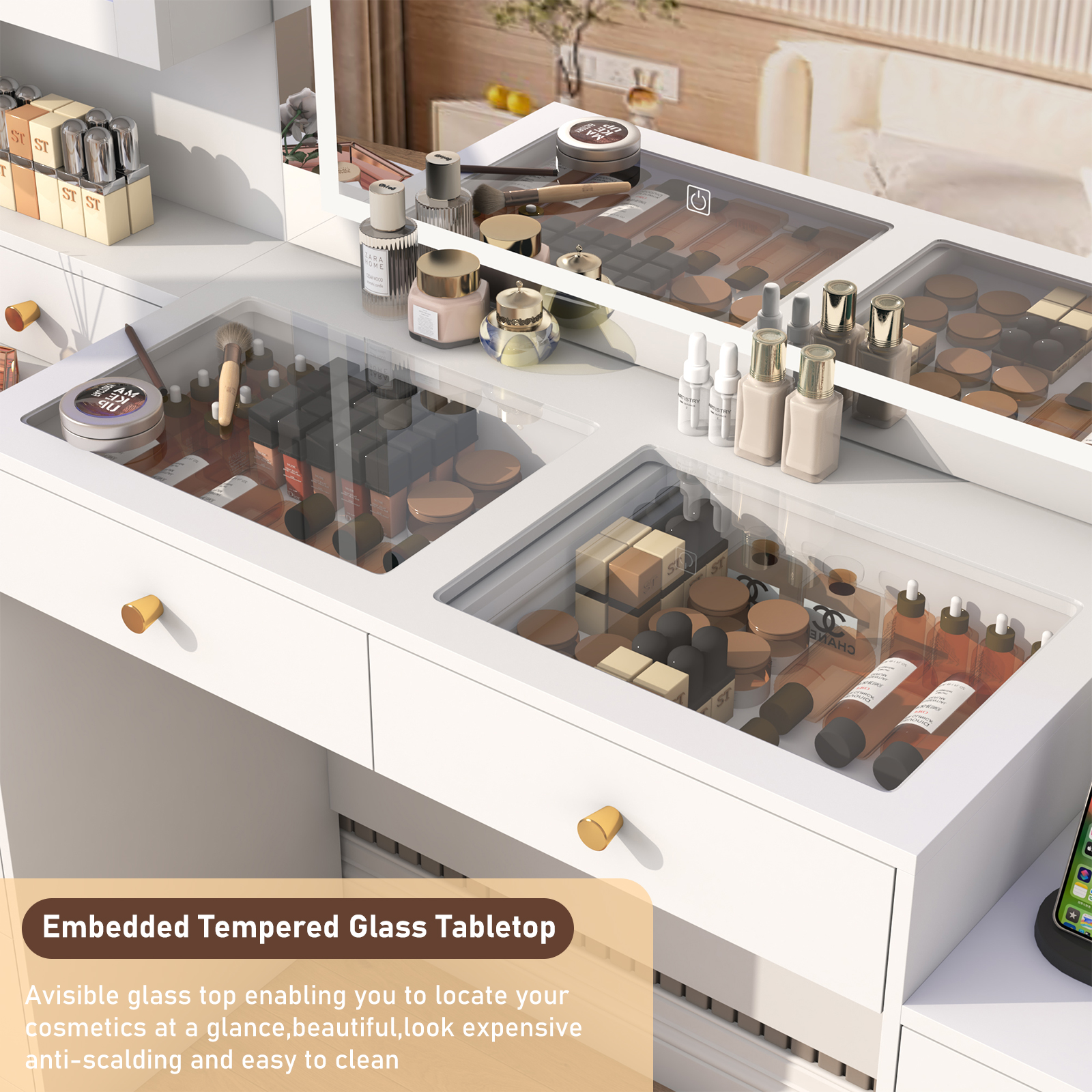 ChVans Large Vanity Desk with Mirror, LED Light and Charging Station, 62" White Makeup Vanity with 9 Drawers & 2 RGB cabinets & Glass Top for Women, Girls Gift