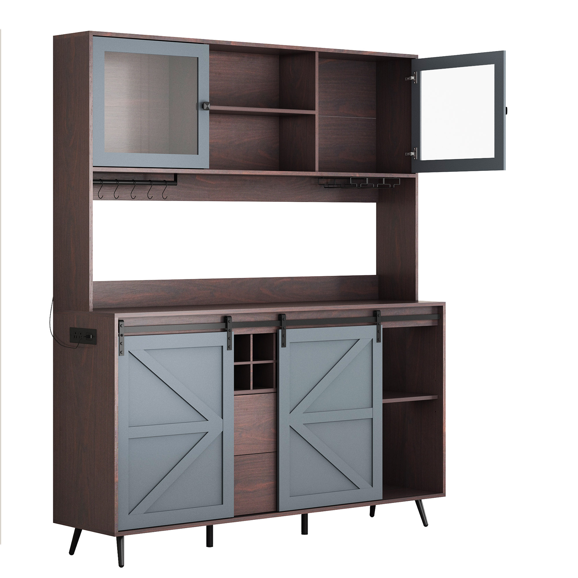 75" Tall Large Farmhouse Coffee Bar Cabinet, 63" Wide Buffet Sideboard with Barn Door, LED Lights, Outlets, 10 Wine Bottle/12 Wine Glasses Rack, 2 Drawers