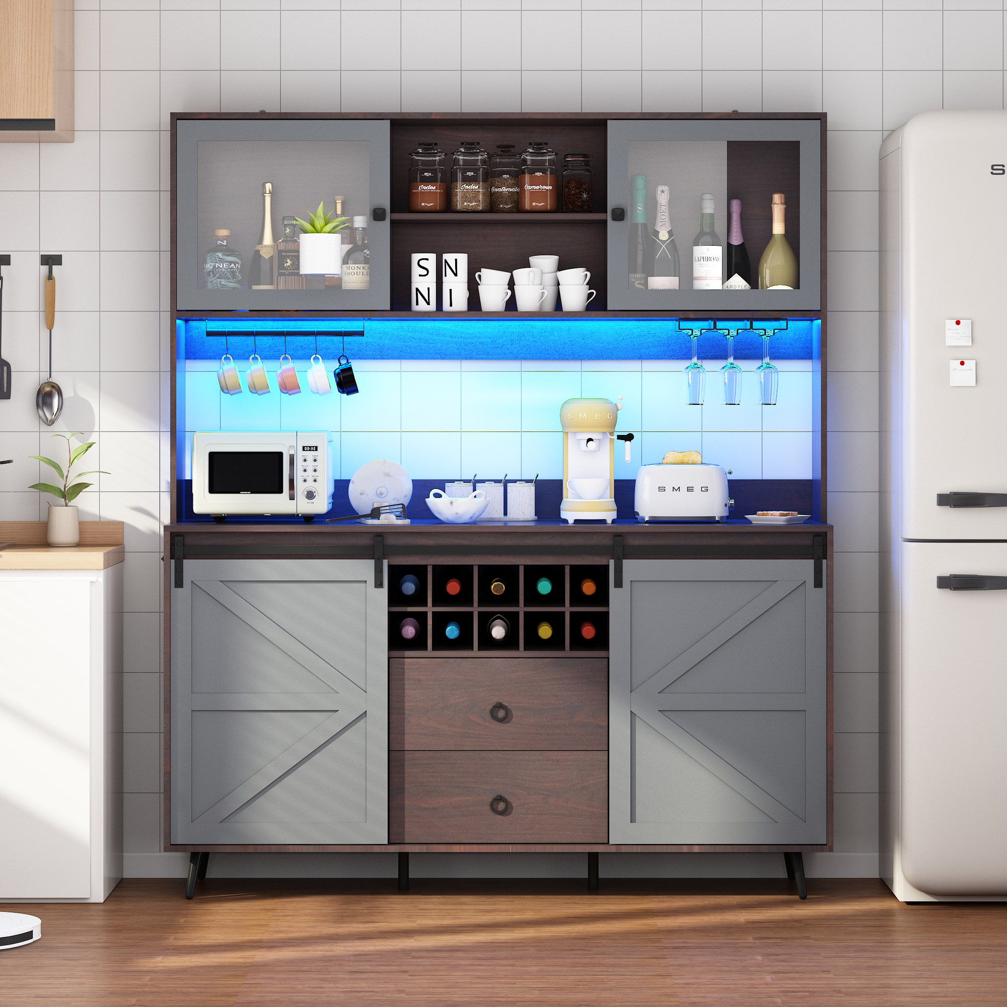 75" Tall Large Farmhouse Coffee Bar Cabinet, 63" Wide Buffet Sideboard with Barn Door, LED Lights, Outlets, 10 Wine Bottle/12 Wine Glasses Rack, 2 Drawers