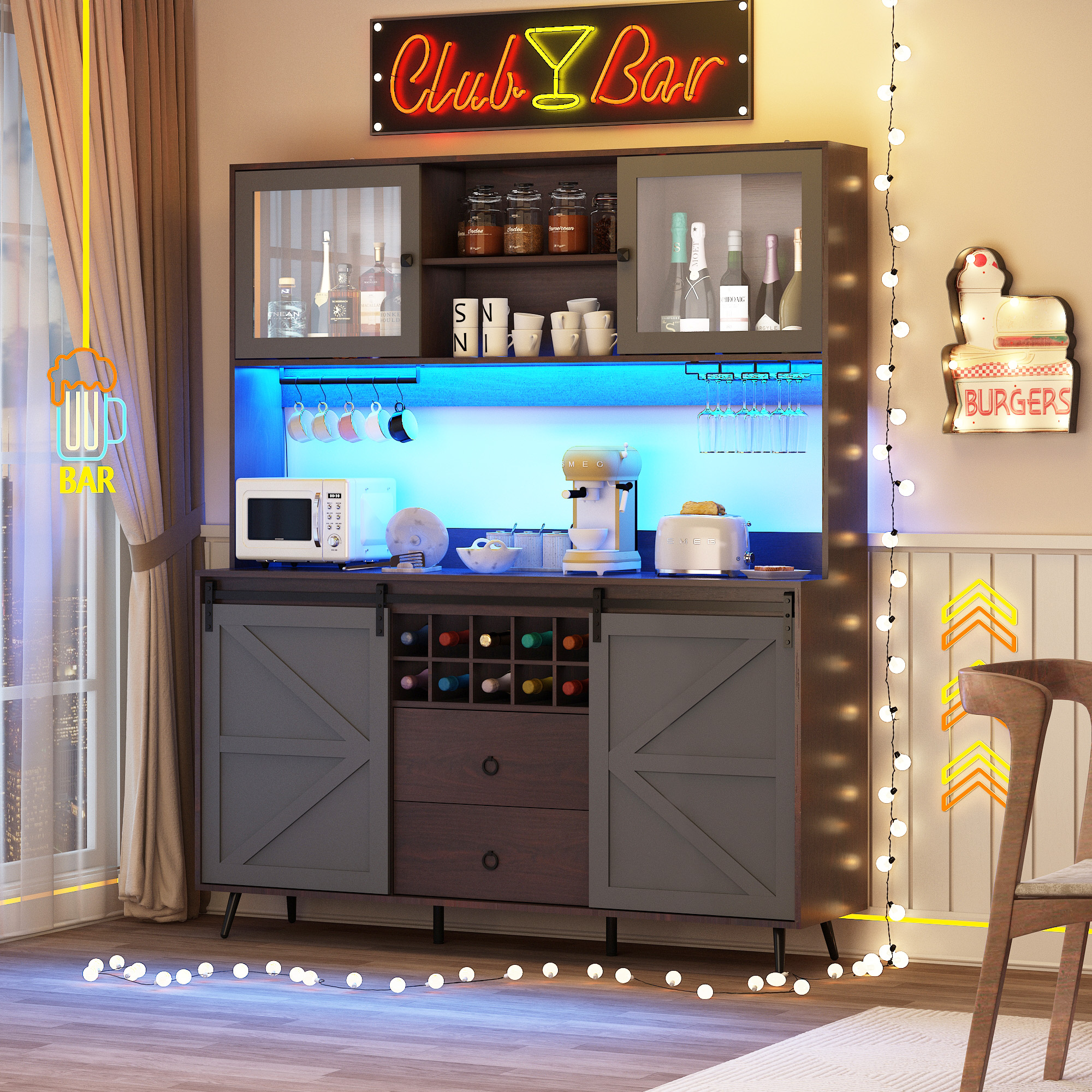 75" Tall Large Farmhouse Coffee Bar Cabinet, 63" Wide Buffet Sideboard with Barn Door, LED Lights, Outlets, 10 Wine Bottle/12 Wine Glasses Rack, 2 Drawers