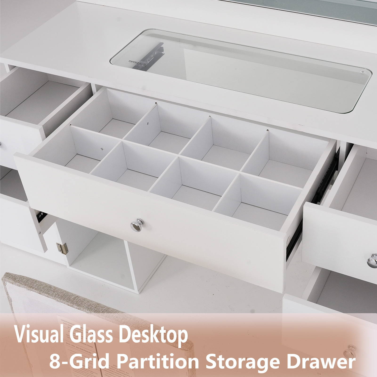 Modern Vanity with Large Lighted Mirror & Sliding Storage, Glass Top, 5 Drawer Makeup Vanity Desk with Charging Station, Cushioned Storage Stool