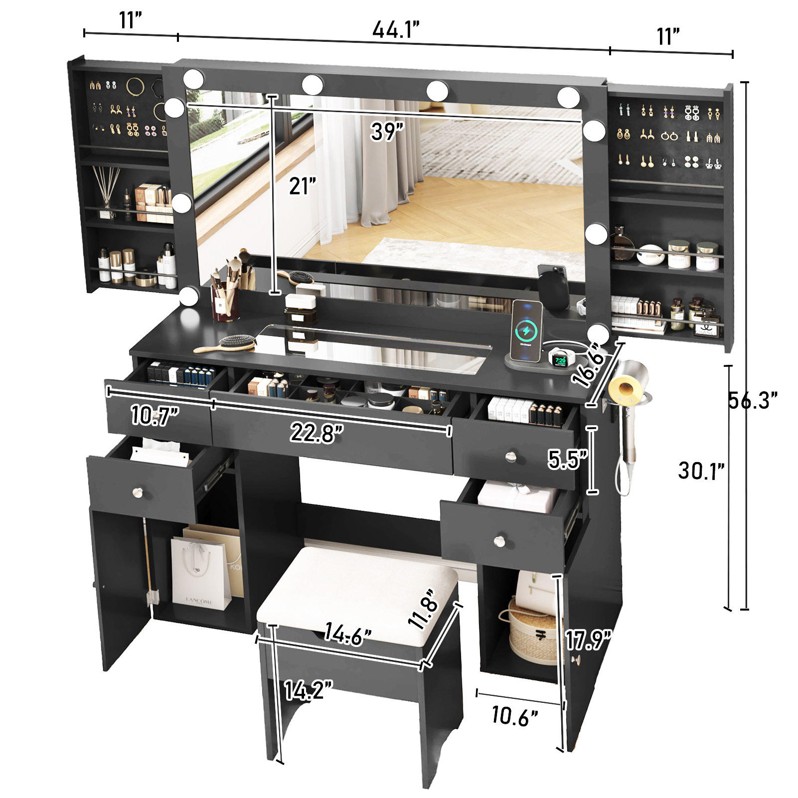 Modern Vanity with Large Lighted Mirror & Sliding Storage, Glass Top, 5 Drawer Makeup Vanity Desk with Charging Station, Cushioned Storage Stool