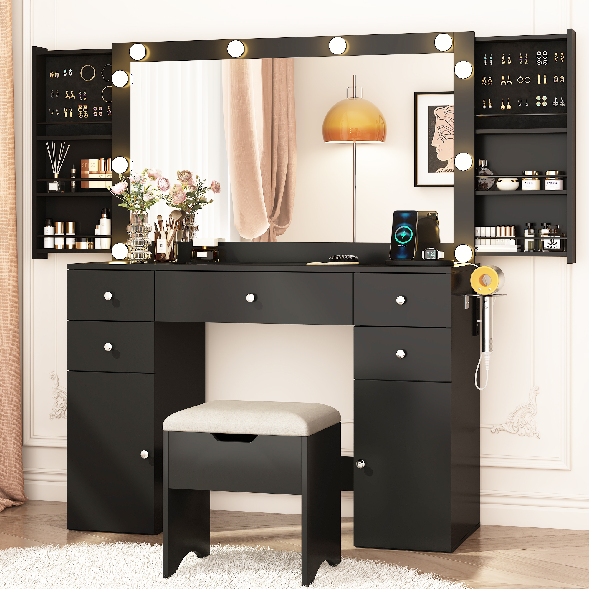 Modern Vanity with Large Lighted Mirror & Sliding Storage, Glass Top, 5 Drawer Makeup Vanity Desk with Charging Station, Cushioned Storage Stool
