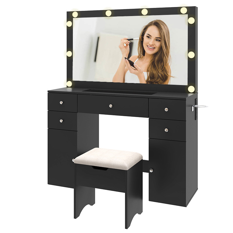 Modern Vanity with Large Lighted Mirror & Sliding Storage, Glass Top, 5 Drawer Makeup Vanity Desk with Charging Station, Cushioned Storage Stool
