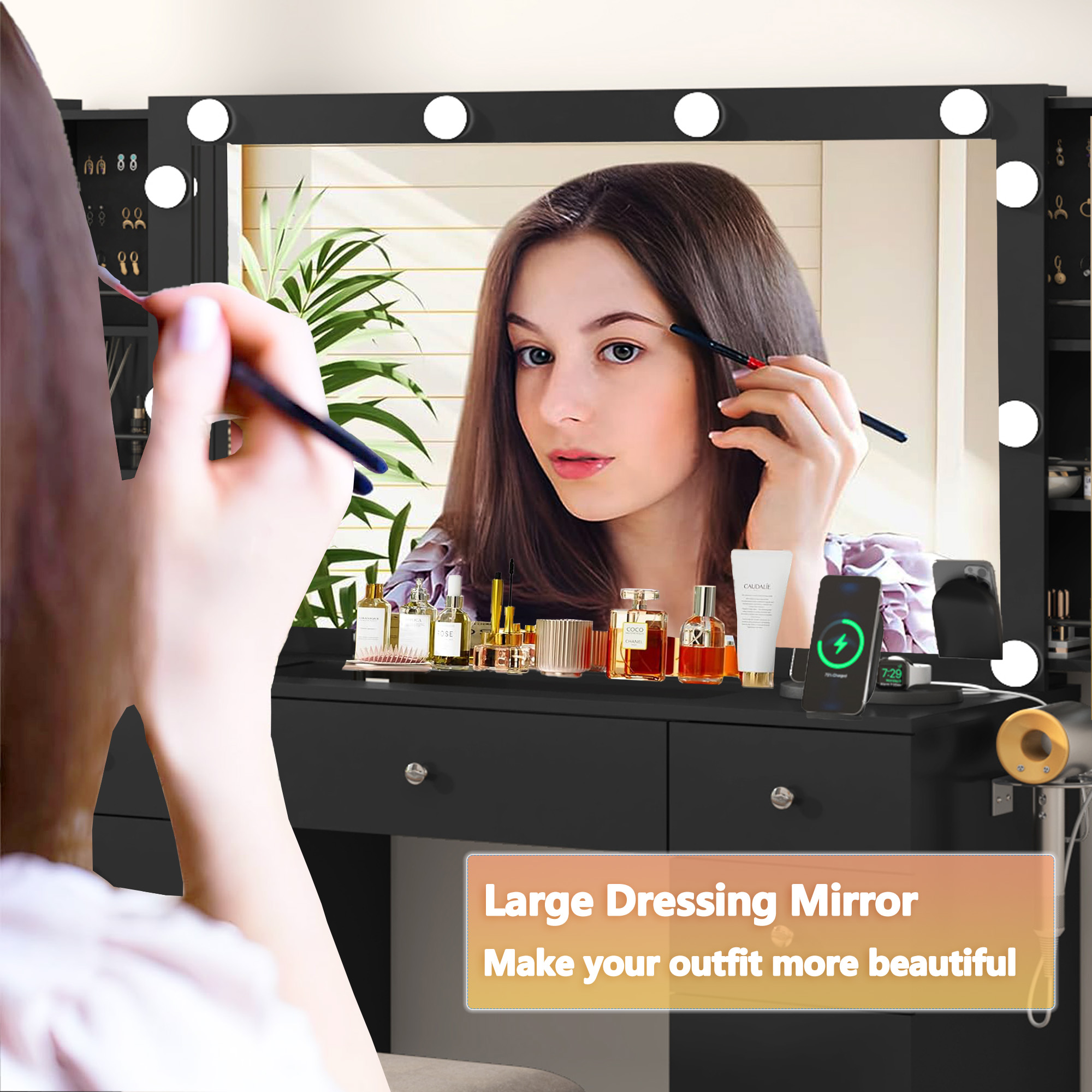 Modern Vanity with Large Lighted Mirror & Sliding Storage, Glass Top, 5 Drawer Makeup Vanity Desk with Charging Station, Cushioned Storage Stool