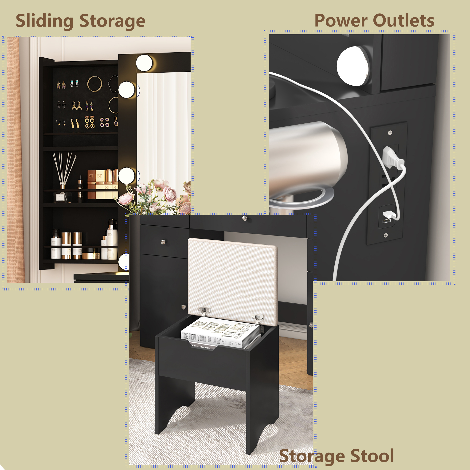 Modern Vanity with Large Lighted Mirror & Sliding Storage, Glass Top, 5 Drawer Makeup Vanity Desk with Charging Station, Cushioned Storage Stool