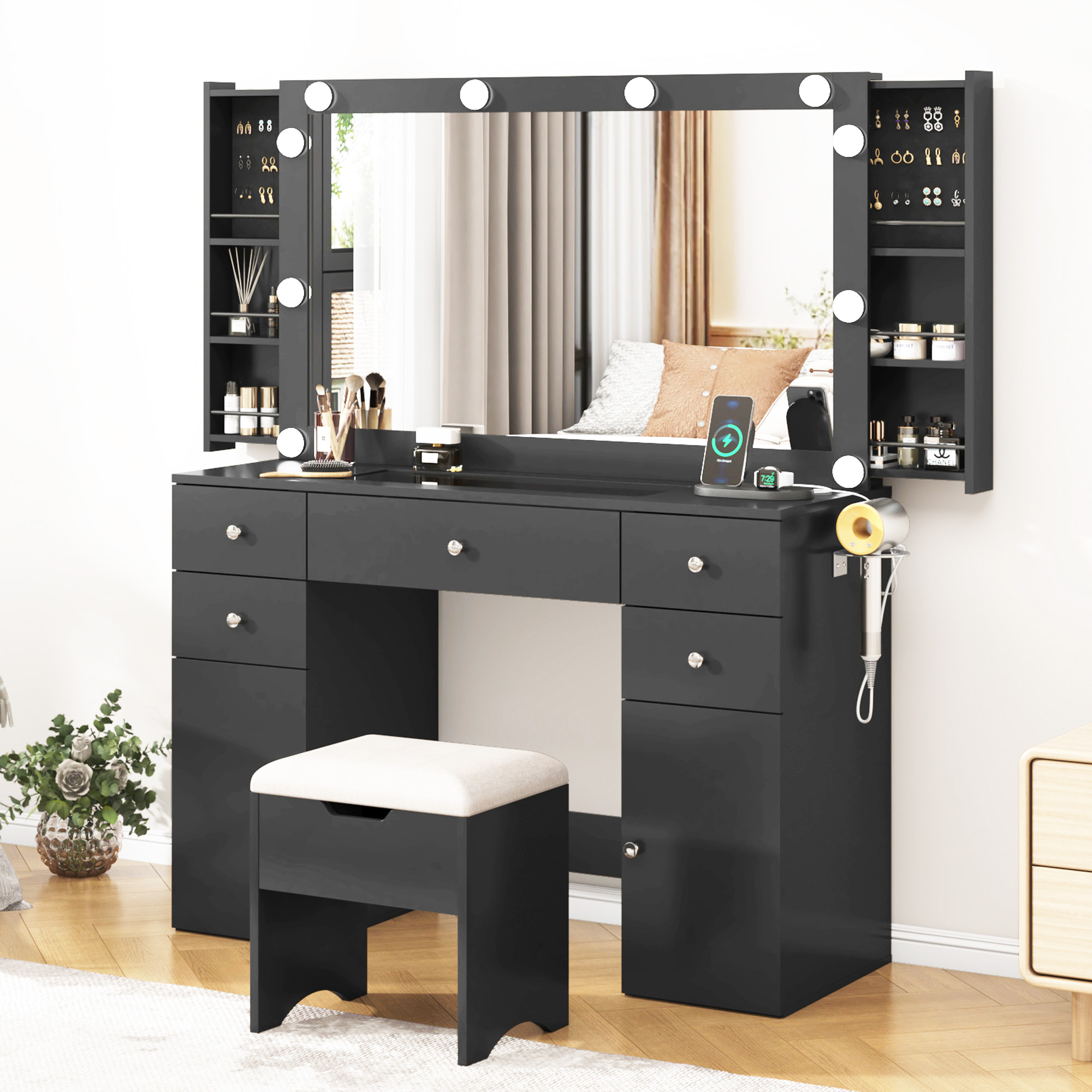 Modern Vanity with Large Lighted Mirror & Sliding Storage, Glass Top, 5 Drawer Makeup Vanity Desk with Charging Station, Cushioned Storage Stool