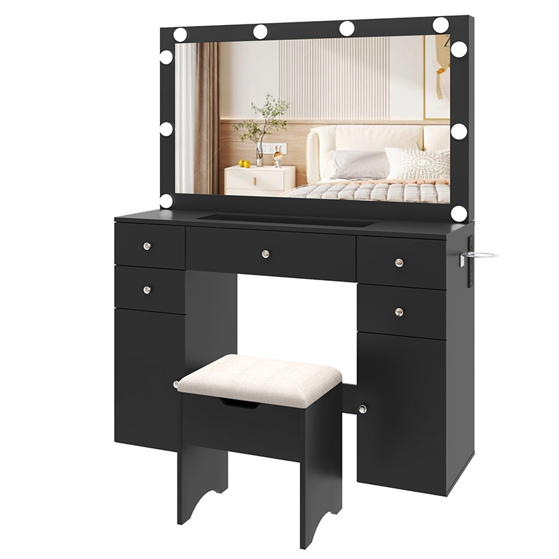 Modern Vanity with Large Lighted Mirror & Sliding Storage, Glass Top, 5 Drawer Makeup Vanity Desk with Charging Station, Cushioned Storage Stool