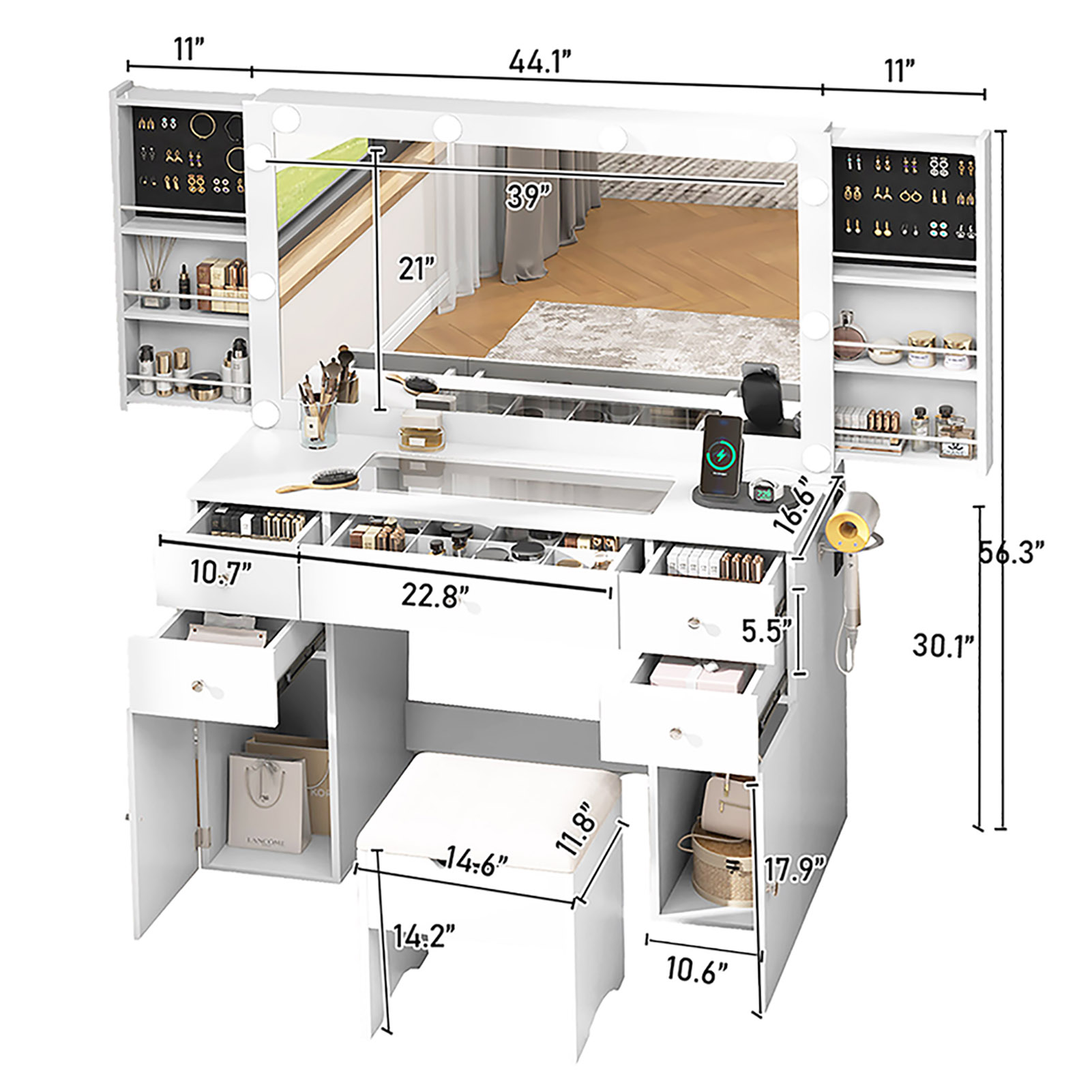 Modern Vanity with Large Lighted Mirror & Sliding Storage, Glass Top, 5 Drawer Makeup Vanity Desk with Charging Station, Cushioned Storage Stool