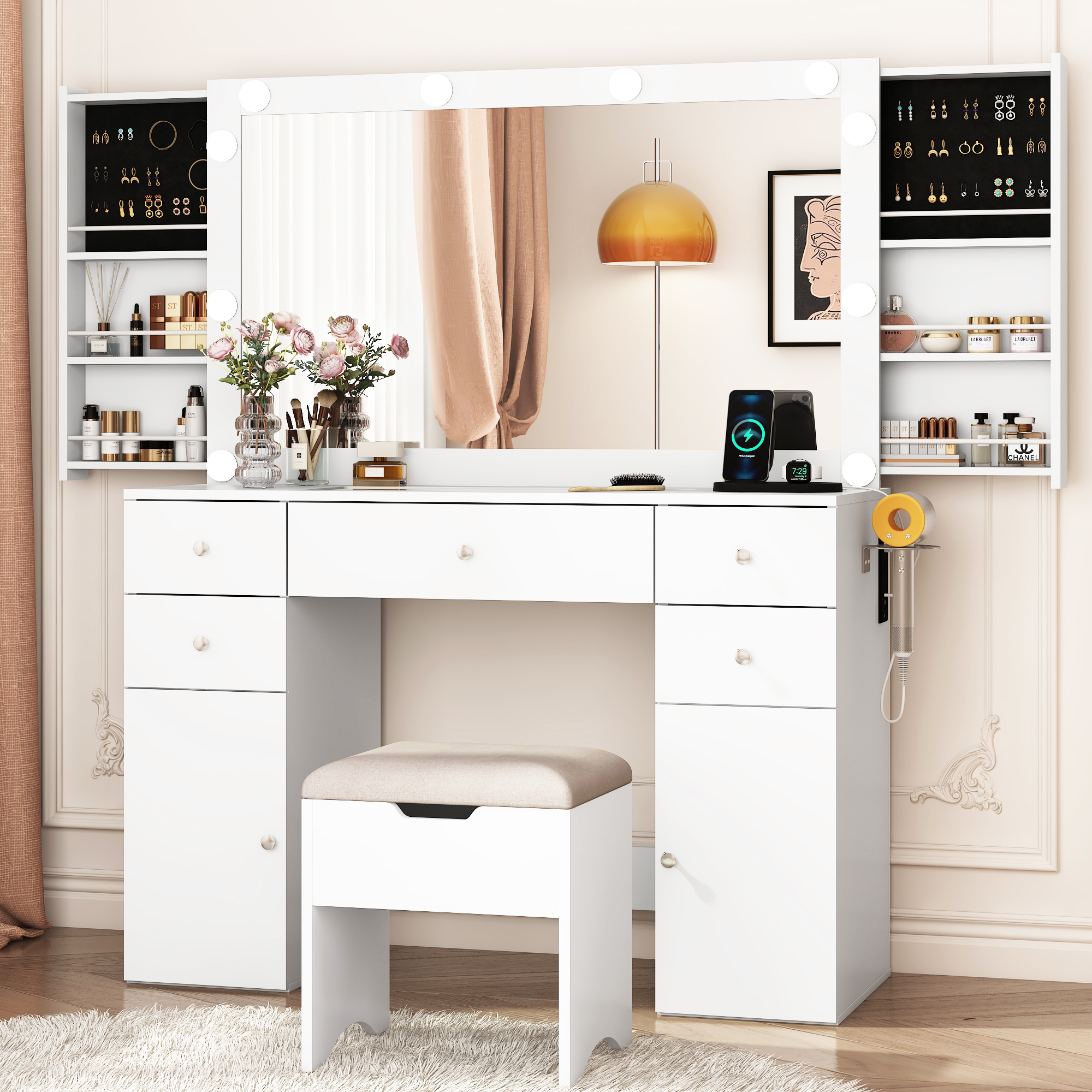 Modern Vanity with Large Lighted Mirror & Sliding Storage, Glass Top, 5 Drawer Makeup Vanity Desk with Charging Station, Cushioned Storage Stool