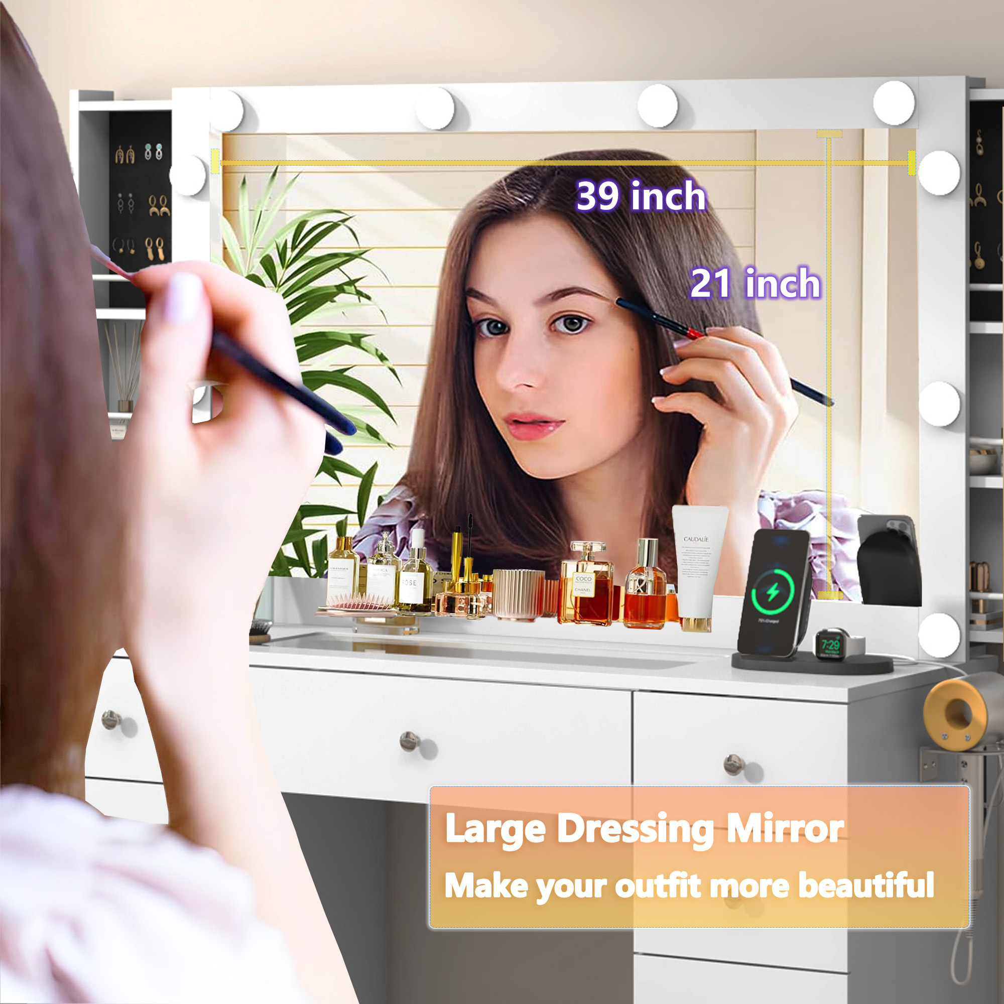 Modern Vanity with Large Lighted Mirror & Sliding Storage, Glass Top, 5 Drawer Makeup Vanity Desk with Charging Station, Cushioned Storage Stool