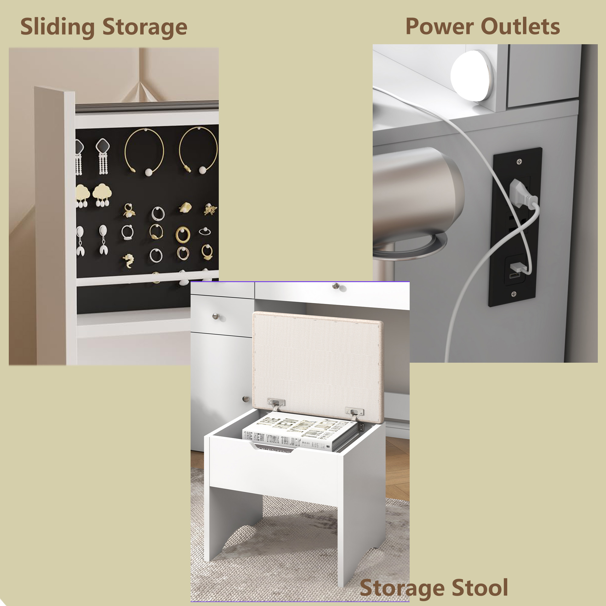 Modern Vanity with Large Lighted Mirror & Sliding Storage, Glass Top, 5 Drawer Makeup Vanity Desk with Charging Station, Cushioned Storage Stool