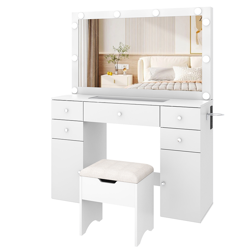 Modern Vanity with Large Lighted Mirror & Sliding Storage, Glass Top, 5 Drawer Makeup Vanity Desk with Charging Station, Cushioned Storage Stool