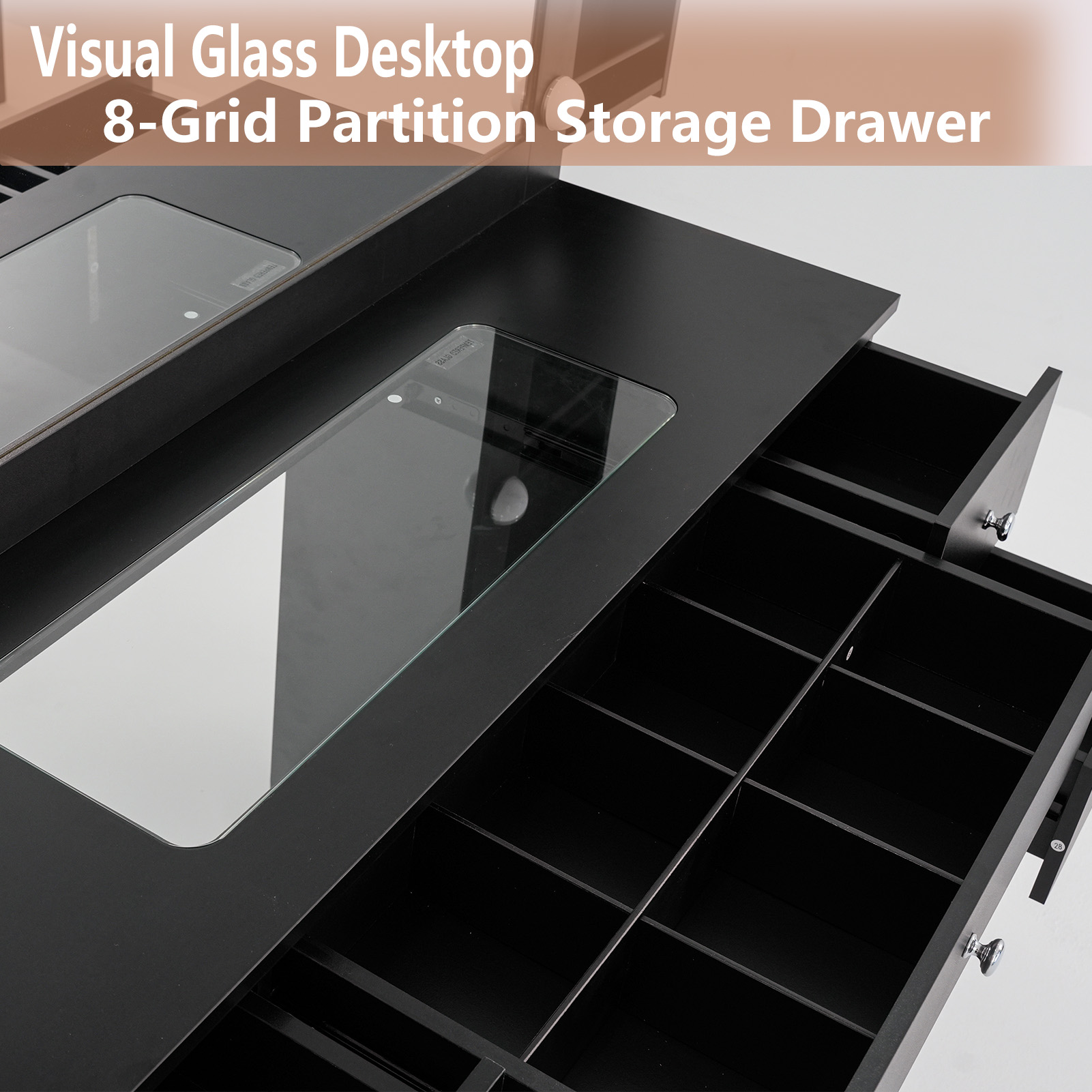 Modern Vanity with Large Lighted Mirror & Sliding Storage, Glass Top, 5 Drawer Makeup Vanity Desk with Charging Station, Cushioned Storage Stool