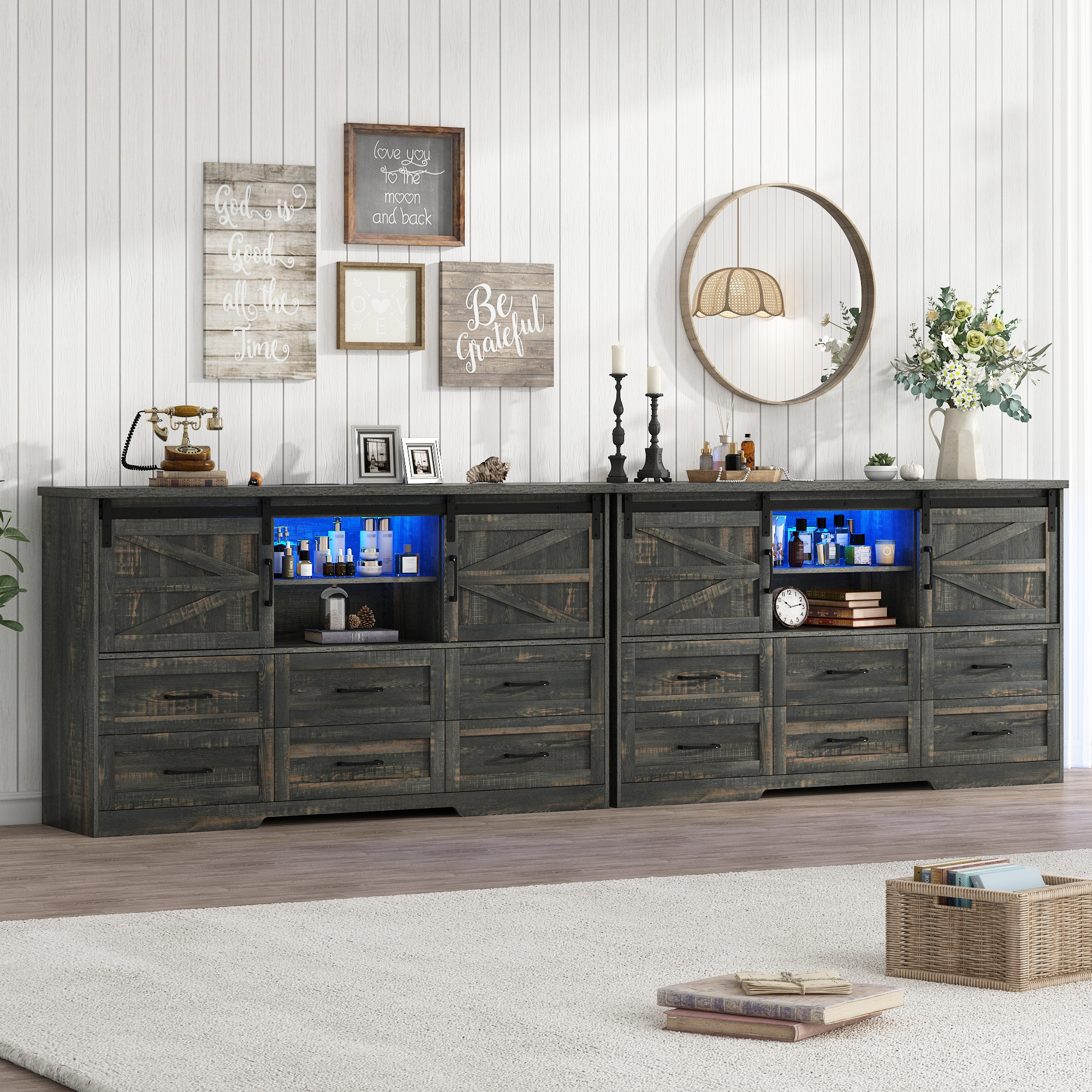 ChVans 63'' Farmhouse Dresser with LED Lights&Charging Station, 6 Drawer Dresser with 2 Sliding Doors, 3 Shelves, Wood Wide Storage Cabinet for Bedroom, Living Room, Hallway