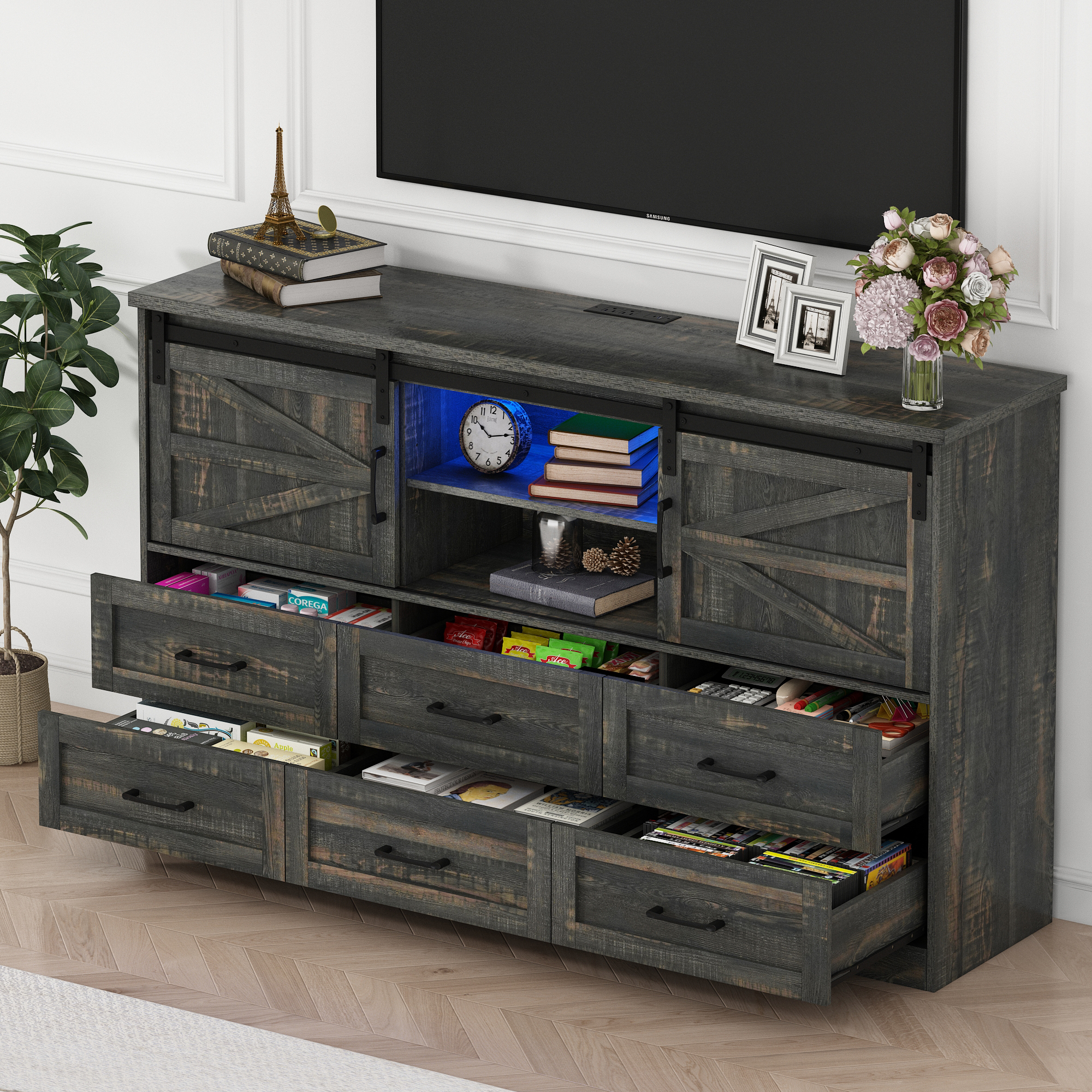 ChVans 63'' Farmhouse Dresser with LED Lights&Charging Station, 6 Drawer Dresser with 2 Sliding Doors, 3 Shelves, Wood Wide Storage Cabinet for Bedroom, Living Room, Hallway