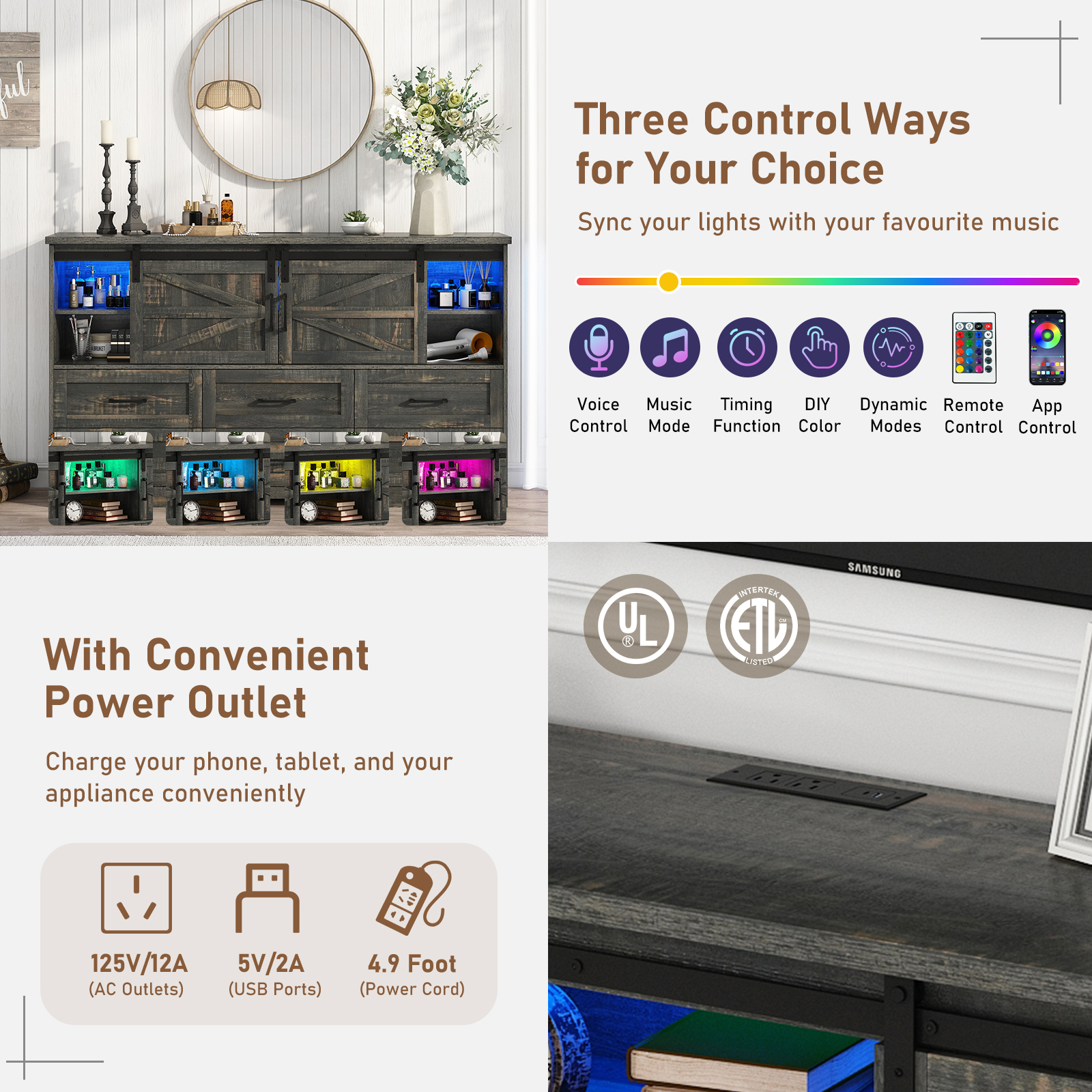 ChVans 63'' Farmhouse Dresser with LED Lights&Charging Station, 6 Drawer Dresser with 2 Sliding Doors, 3 Shelves, Wood Wide Storage Cabinet for Bedroom, Living Room, Hallway